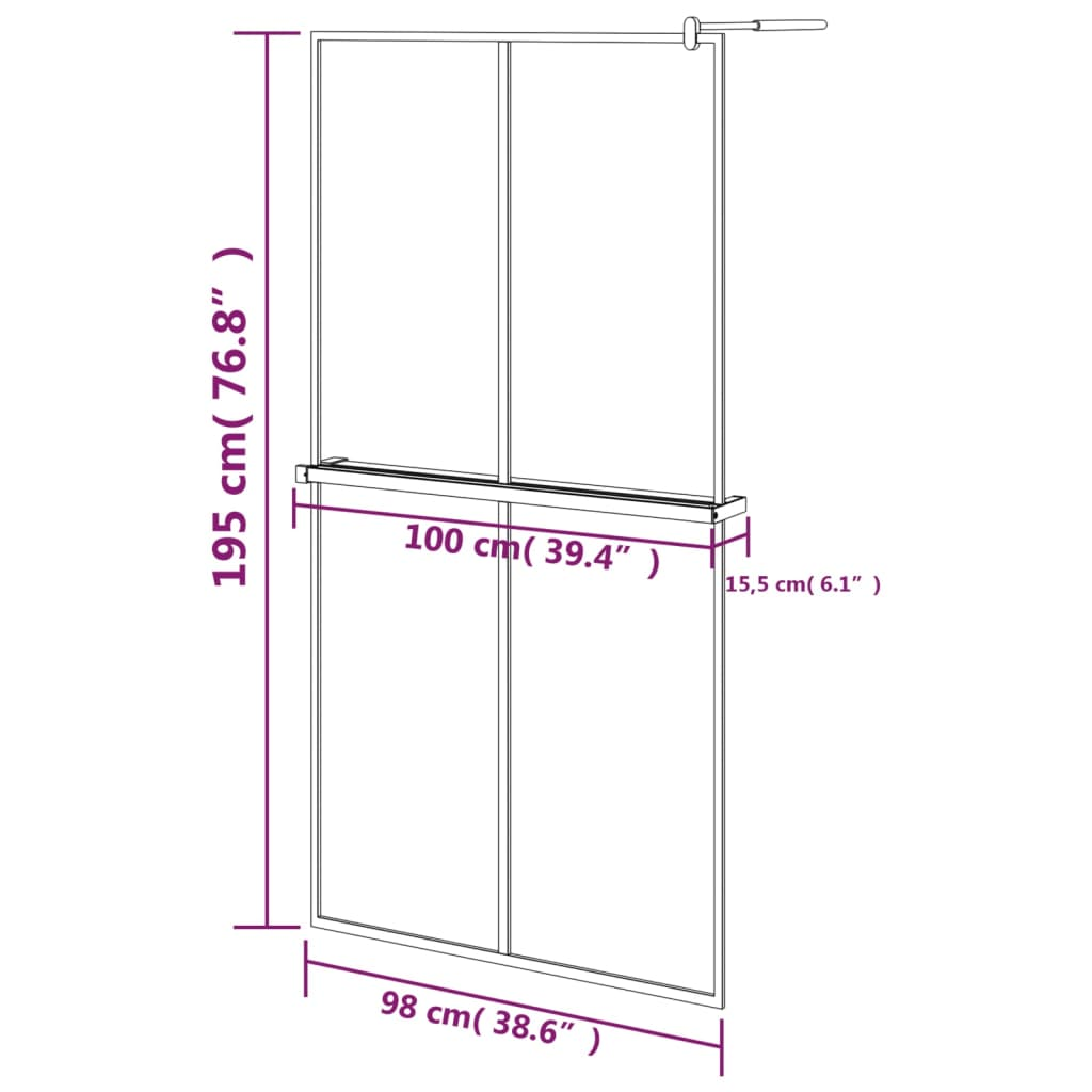 vidaXL Walk-in Shower Wall with Shelf Black 39.4"x76.8" ESG Glass&Aluminum