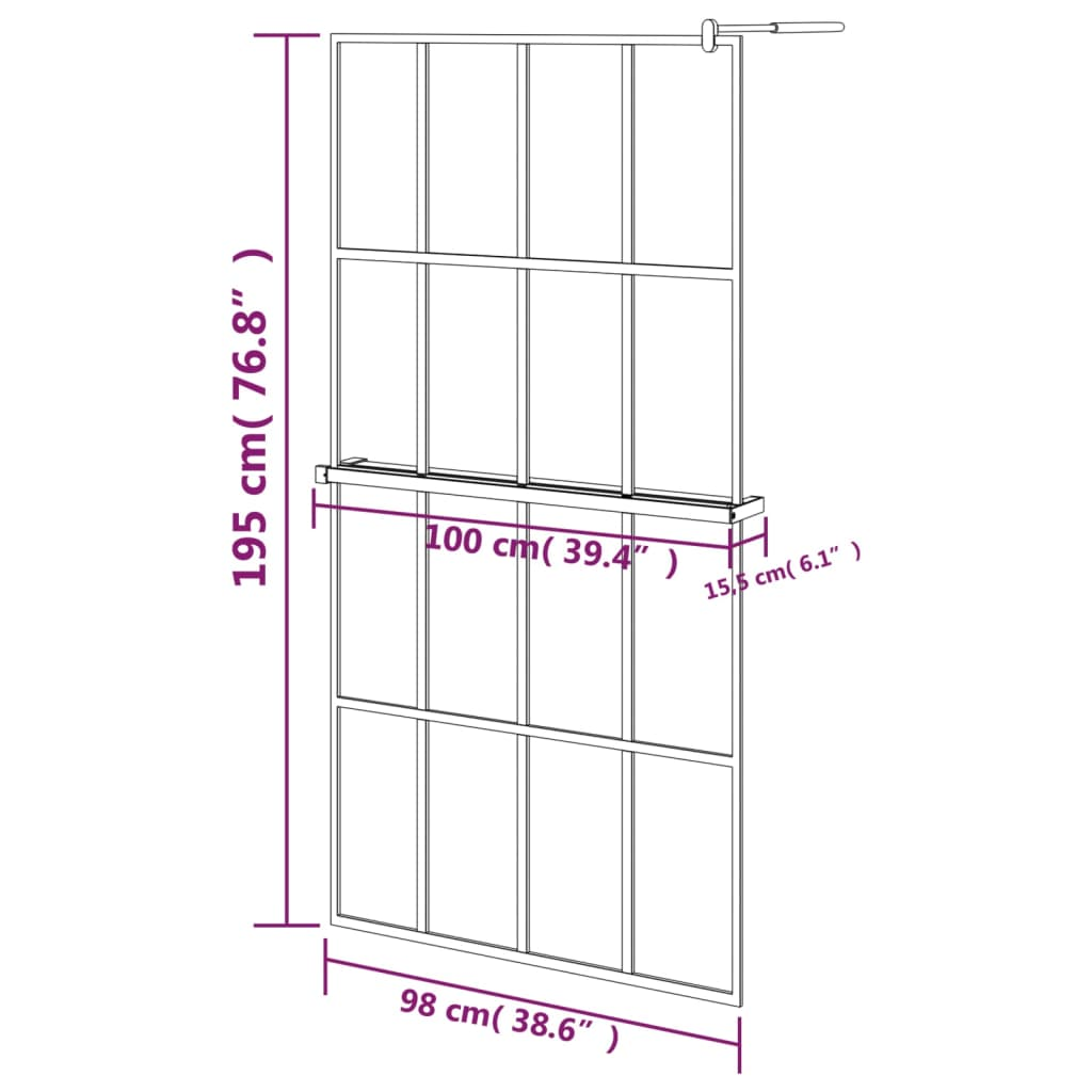 vidaXL Walk-in Shower Wall with Shelf Black 39.4"x76.8" ESG Glass&Aluminum