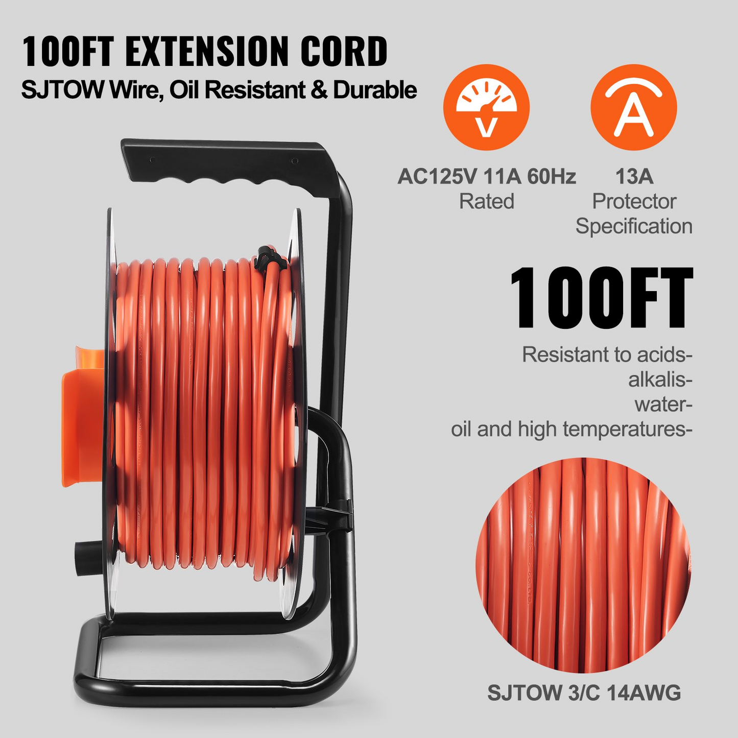 VEVOR Extension Cord Reel, 100FT, with 4 Outlets and Dust Cover, Heavy Duty 14AWG SJTOW Power Cord, Manual Cord Reel with Portable Handle Circuit Breaker, for Toolshed Garage, Tested to UL Standards