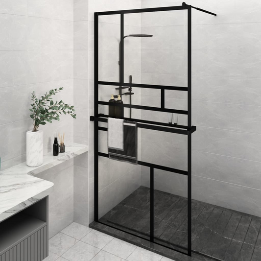 vidaXL Walk-in Shower Wall with Shelf Black 45.3"x76.8" ESG Glass&Aluminum