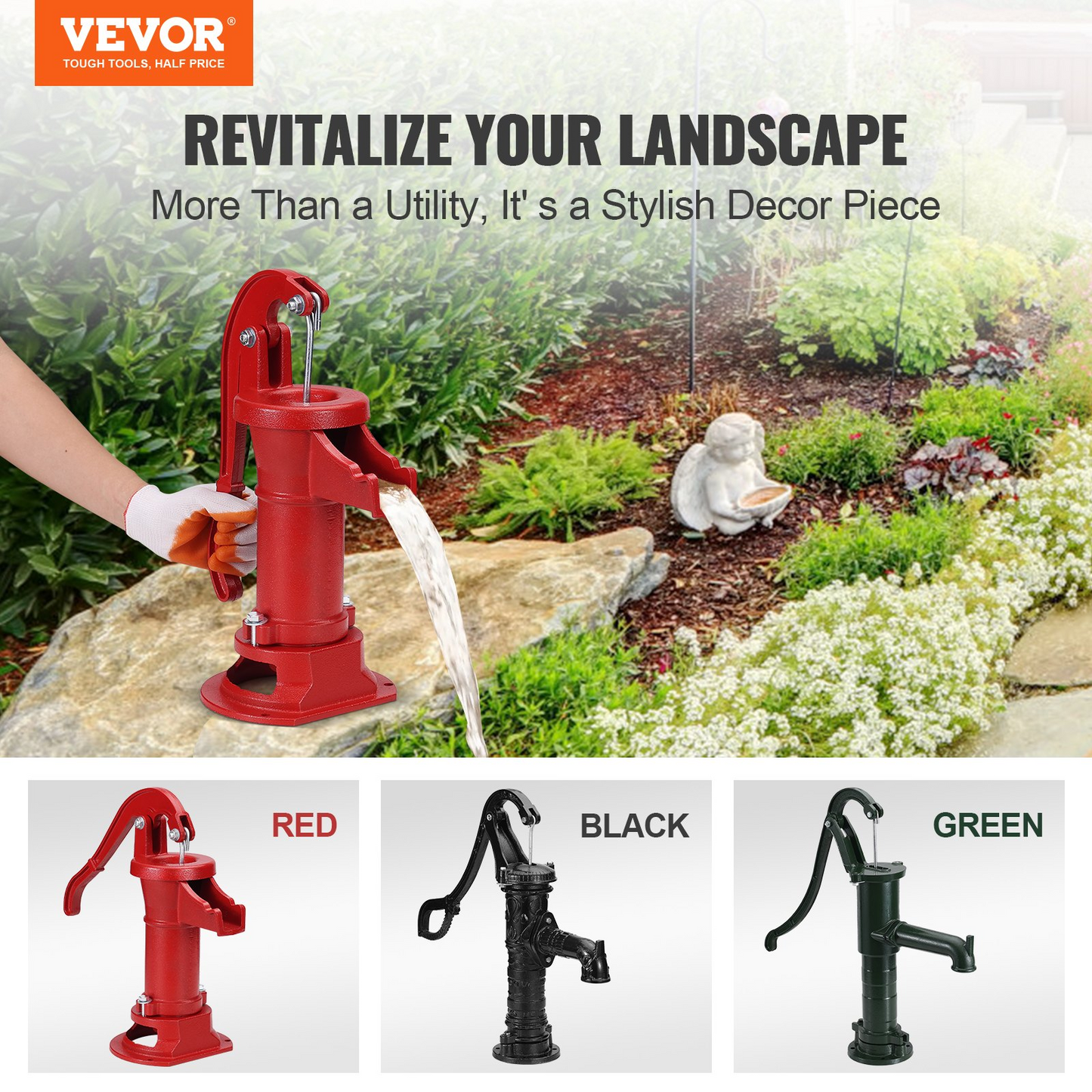 VEVOR Antique Well Hand Pitcher Pump, 25 ft Maximum Lift, Cast Iron Manual Hand Water Pump with Ergonomic Handle G1-5/8" Easy Installation, Old Fashioned for Outdoor Home Yard Garden Pond Farm, Red