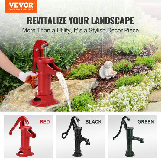 VEVOR Antique Well Hand Pitcher Pump, 25 ft Maximum Lift, Cast Iron Manual Hand Water Pump with Ergonomic Handle G1-5/8" Easy Installation, Old Fashioned for Outdoor Home Yard Garden Pond Farm, Red