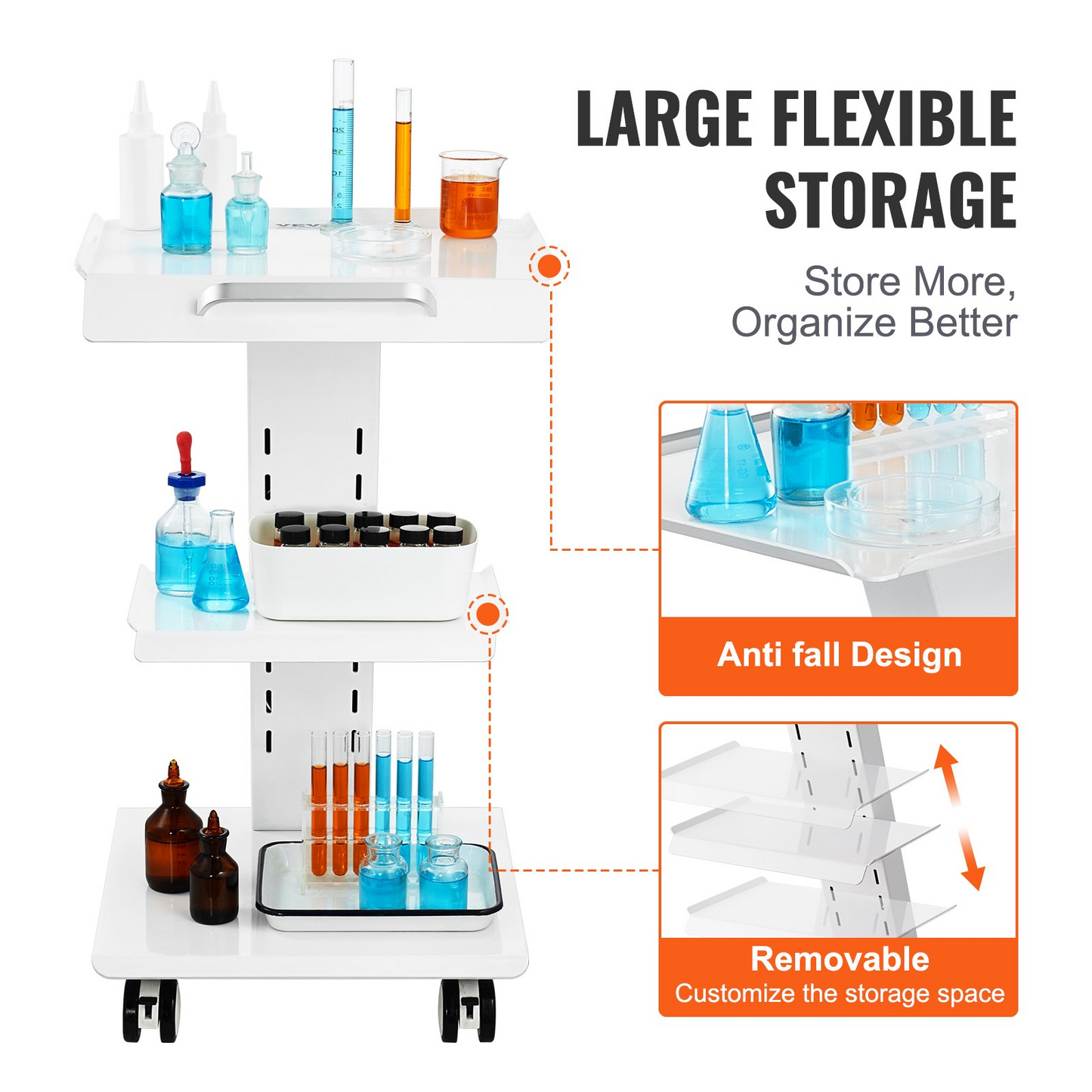 VEVOR Lab Trolley, Rolling Lab Cart with Built-in Socket, 3-Layer Metal Mobile Trolley, Tray Rolling Clinic Cart with Swivel Wheels, 220 lbs Weight Capacity, for Lab, Clinic, Beauty and Salon