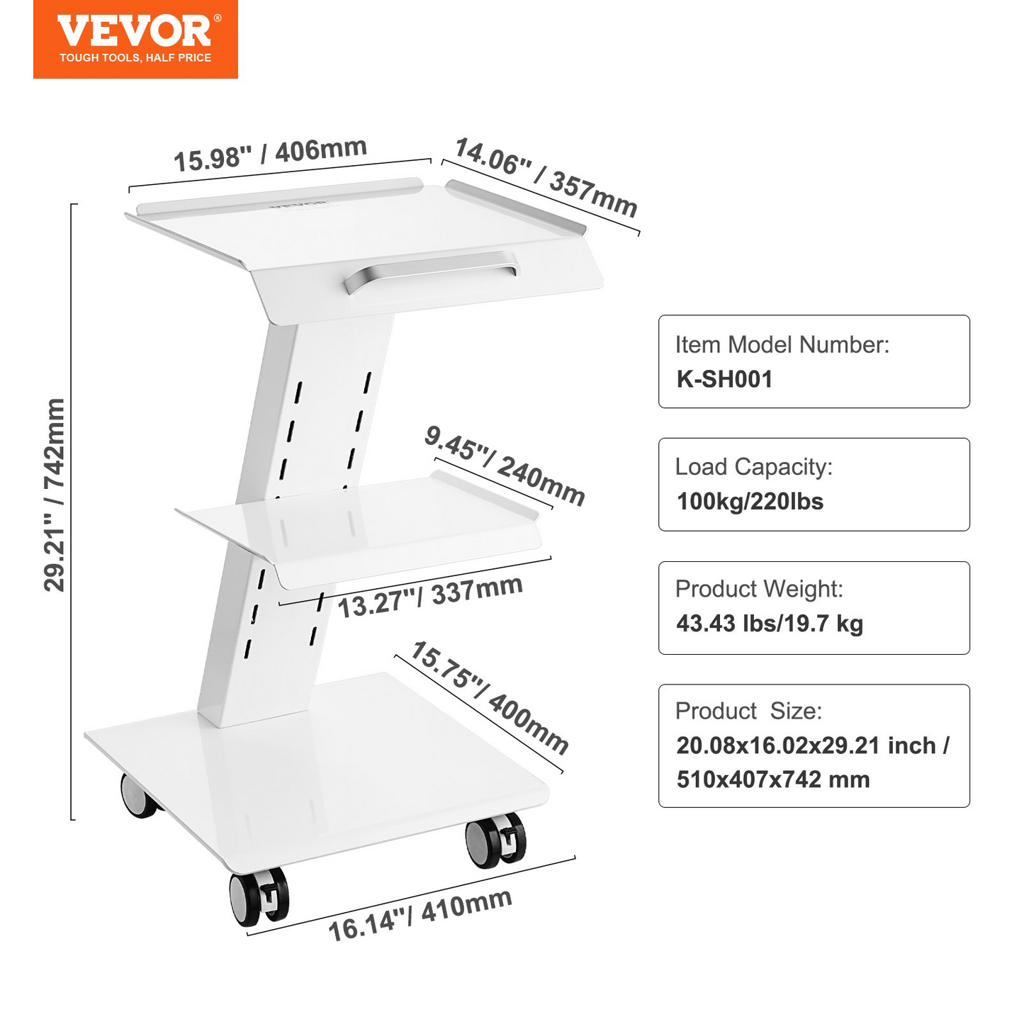 VEVOR Lab Trolley, Rolling Lab Cart with Built-in Socket, 3-Layer Metal Mobile Trolley, Tray Rolling Clinic Cart with Swivel Wheels, 220 lbs Weight Capacity, for Lab, Clinic, Beauty and Salon