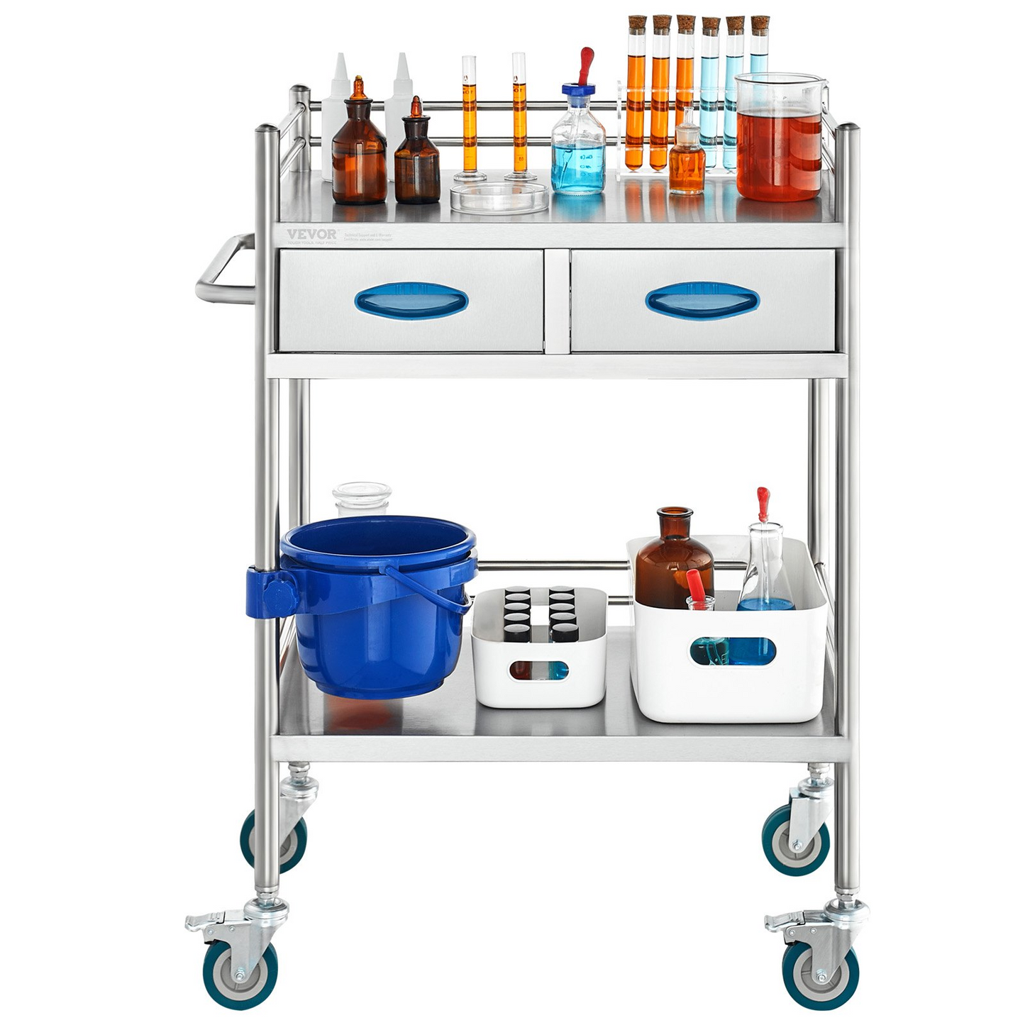 VEVOR Lab Serving Cart, 2 Layers Stainless Steel Utility Rolling Cart, Medical Cart with Two Drawers, Dental Utility Cart with Lockable Wheels and A Bucket, for Laboratory, Hospital, Dental Use