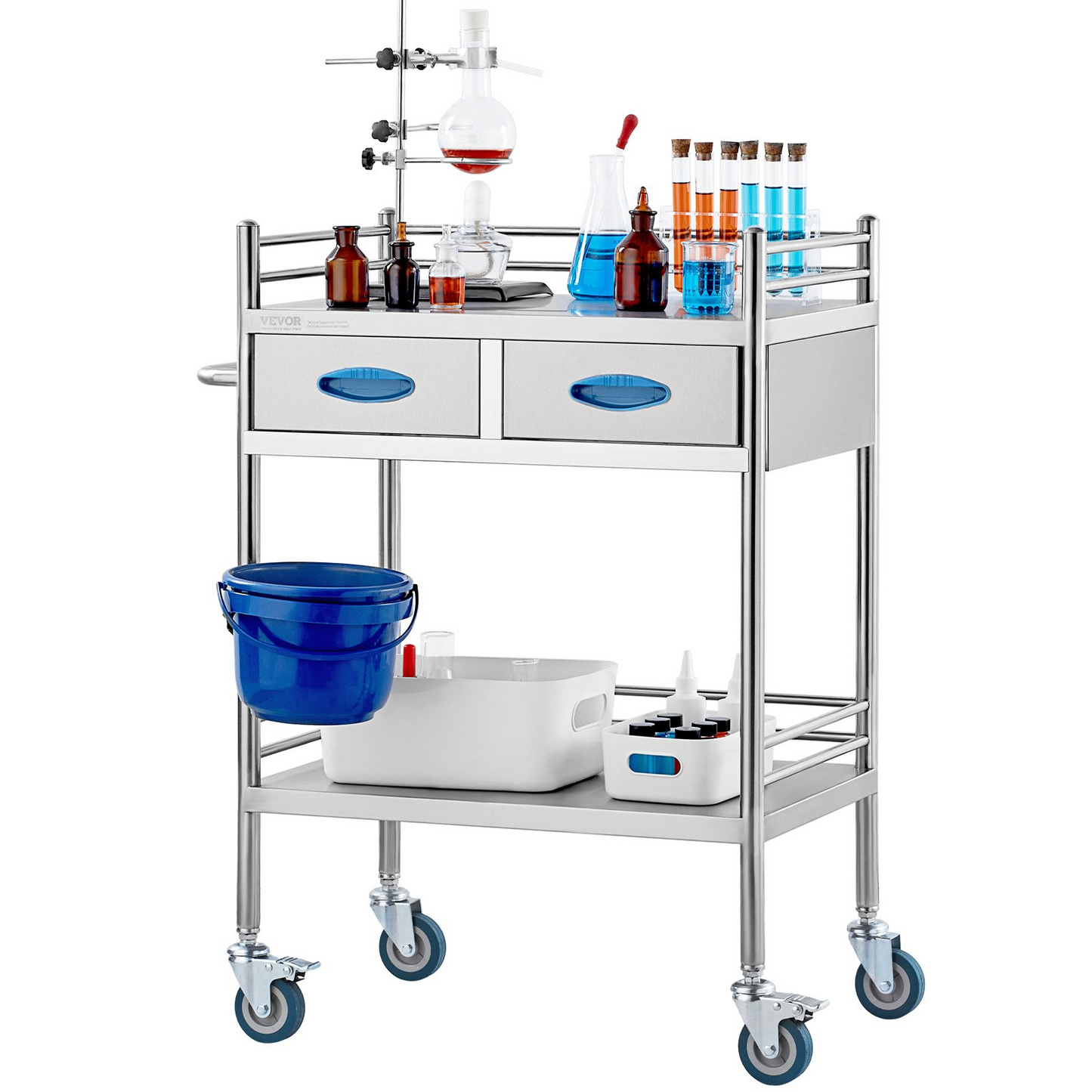 VEVOR Lab Serving Cart, 2 Layers Stainless Steel Utility Rolling Cart, Medical Cart with Two Drawers, Dental Utility Cart with Lockable Wheels and A Bucket, for Laboratory, Hospital, Dental Use