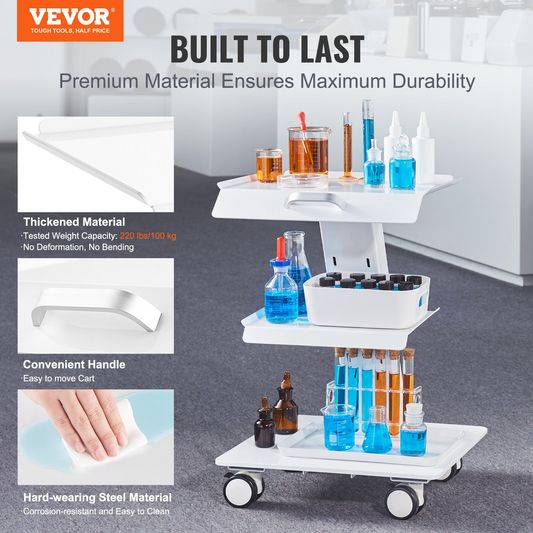 VEVOR Lab Trolley, 3-Layer Rolling Lab Cart, Metal Mobile Trolley with Swivel Wheels, Tray Rolling Clinic Cart 220 lbs Weight Capacity, for Lab, Clinic, Beauty and Salon