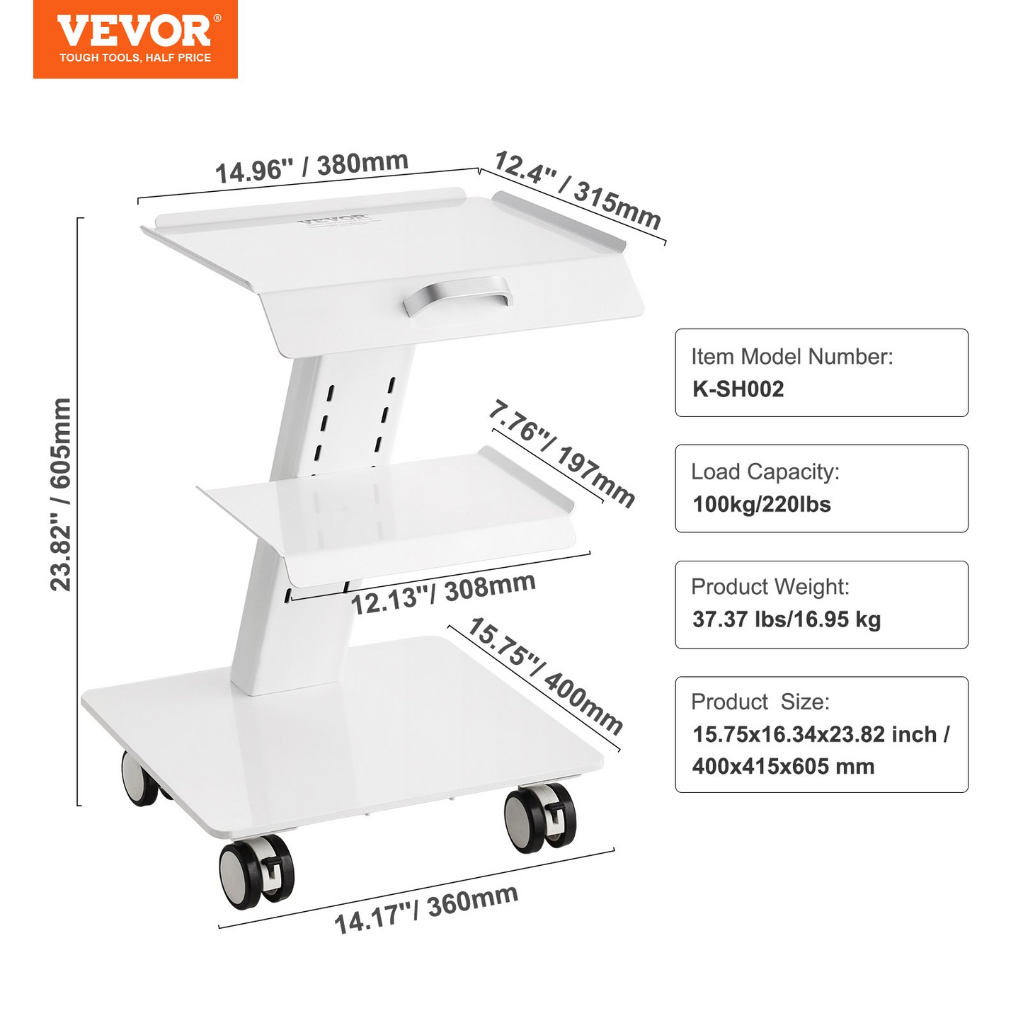 VEVOR Lab Trolley, 3-Layer Rolling Lab Cart, Metal Mobile Trolley with Swivel Wheels, Tray Rolling Clinic Cart 220 lbs Weight Capacity, for Lab, Clinic, Beauty and Salon