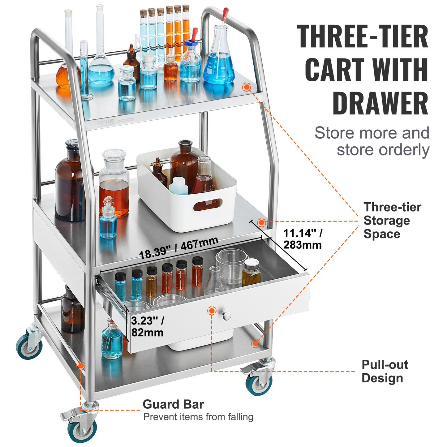 VEVOR Lab Serving Cart, 3 Layers Stainless Steel Utility Rolling Cart, Medical Cart with A Drawer, Dental Utility Cart with Lockable Wheels, for Laboratory, Hospital, Dental Use