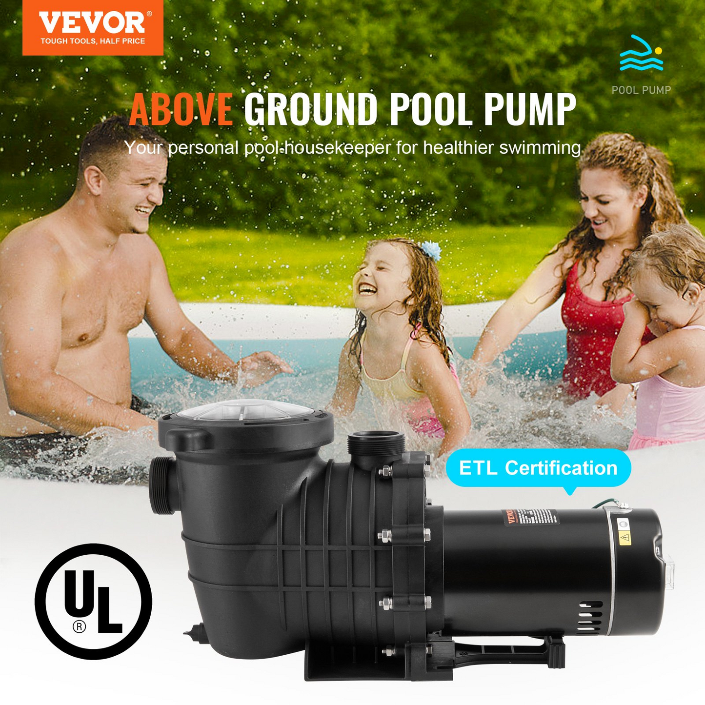 VEVOR Above Ground Pool Pump, 1HP, 80 GPM Max. Flow Single Speed Swimming Pool Pump, 110V/240V 3450RPM 34.4ft Max. Head Pool Pump with Filter Basket, for Above Ground Pools Hot Tubs Spas