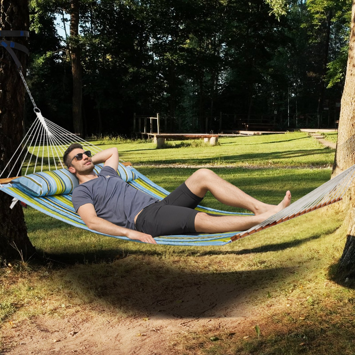 VEVOR Double Quilted Fabric Hammock with Hardwood Spreader Bar Detachable Pillow