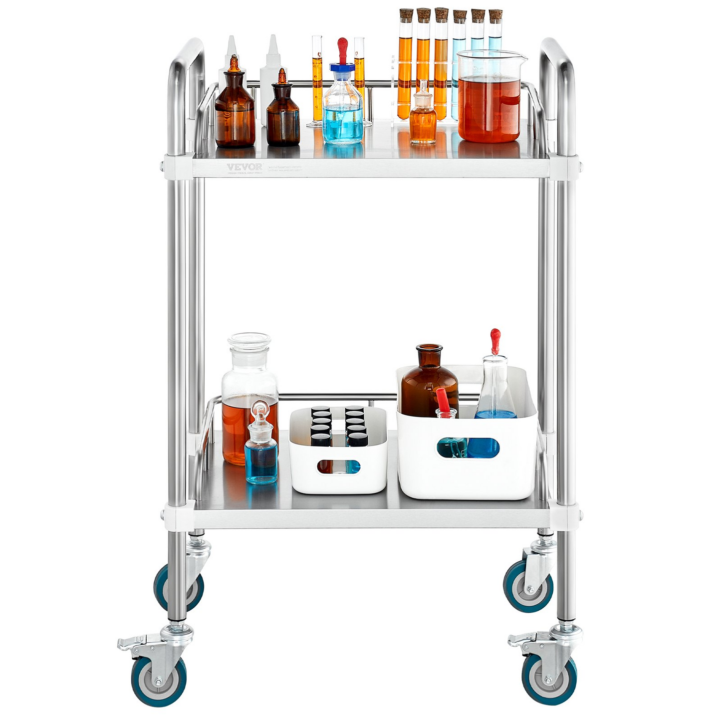 VEVOR Lab Rolling Cart, 2-Shelf Stainless Steel Rolling Cart, Lab Serving Cart with Swivel Casters, Dental Utility Cart for Clinic, Lab,  Hospital, Salon, 15.16"x21.57"x34.06"