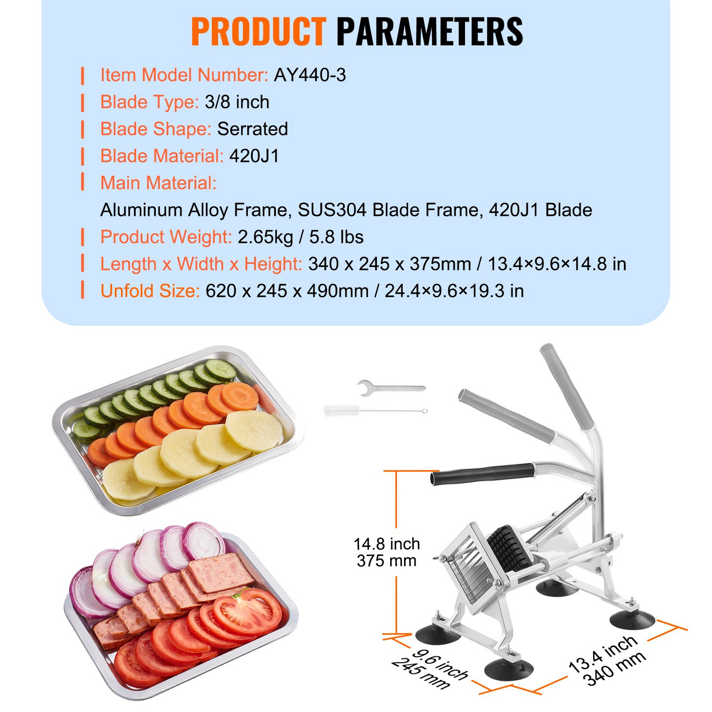 VEVOR Commercial Vegetable Slicer, 3/8 inch Fruit Slicer, Stainless Steel and Aluminum Alloy Vegetable Cutter Slicer Machine, Manual Slicer with Non-slip Feet, for Radishes, Onions, Potatoes, Lemons