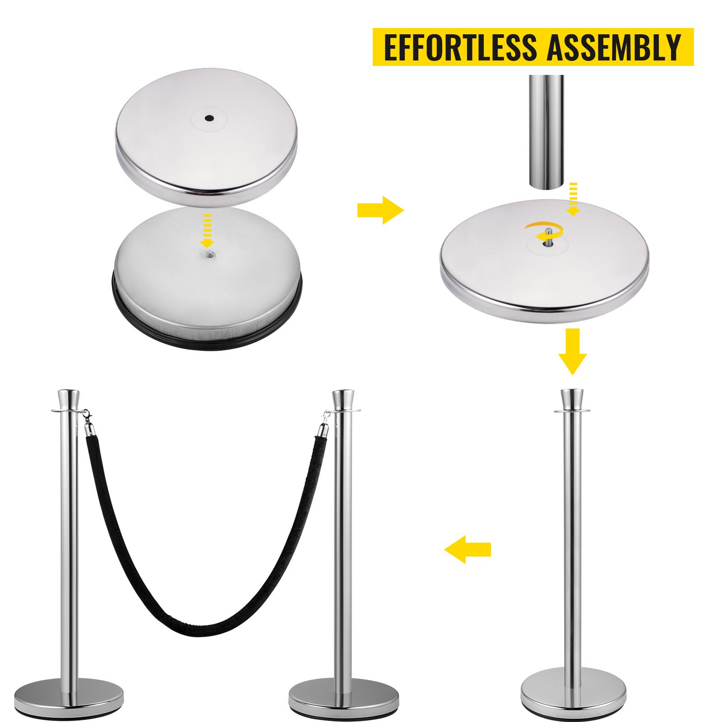 VEVOR Crowd Control Stanchion, Set of 2 Pieces Stanchion Set, Stanchion Set with 5 ft/1.5 m Black Velvet Rope, Silver Crowd Control Barrier w/Sturdy Concrete and Metal Base - Easy Connect Assembly