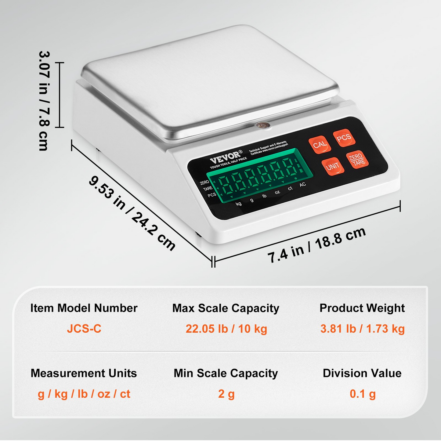 VEVOR Industrial Counting Scale, 10 kg x 0.1 g, Digital Scale for Parts and Coins, g/kg/lb/oz/ct Units, Electronic Gram Scale Inventory Counting Scale Kitchen Jewelry Counting Scale with LED Screen