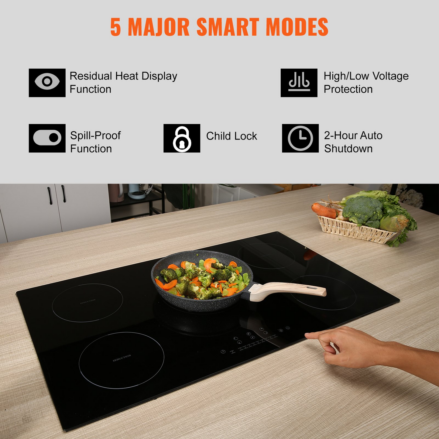 VEVOR Electric Cooktop, 5 Burners, 36'' Induction Stove Top, Built-in Magnetic Cooktop 9200W, 9 Heating Level Multifunctional Burner, LED Touch Screen w/ Child Lock & Over-Temperature Protection