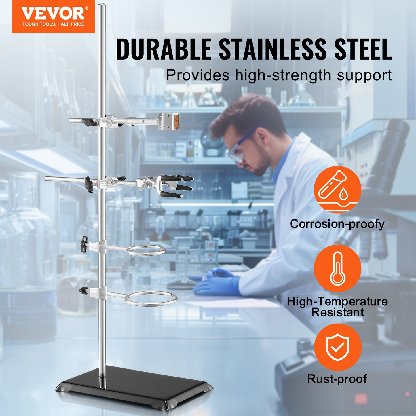 VEVOR Lab Stand Support, Laboratory Retort Support Stand 2 Sets, Steel Lab Stand 23.6" Rod and 8.3" x 5.5" Cast Iron Base, Includes Flask Clamps, Burette Clamps and Cross Clamps