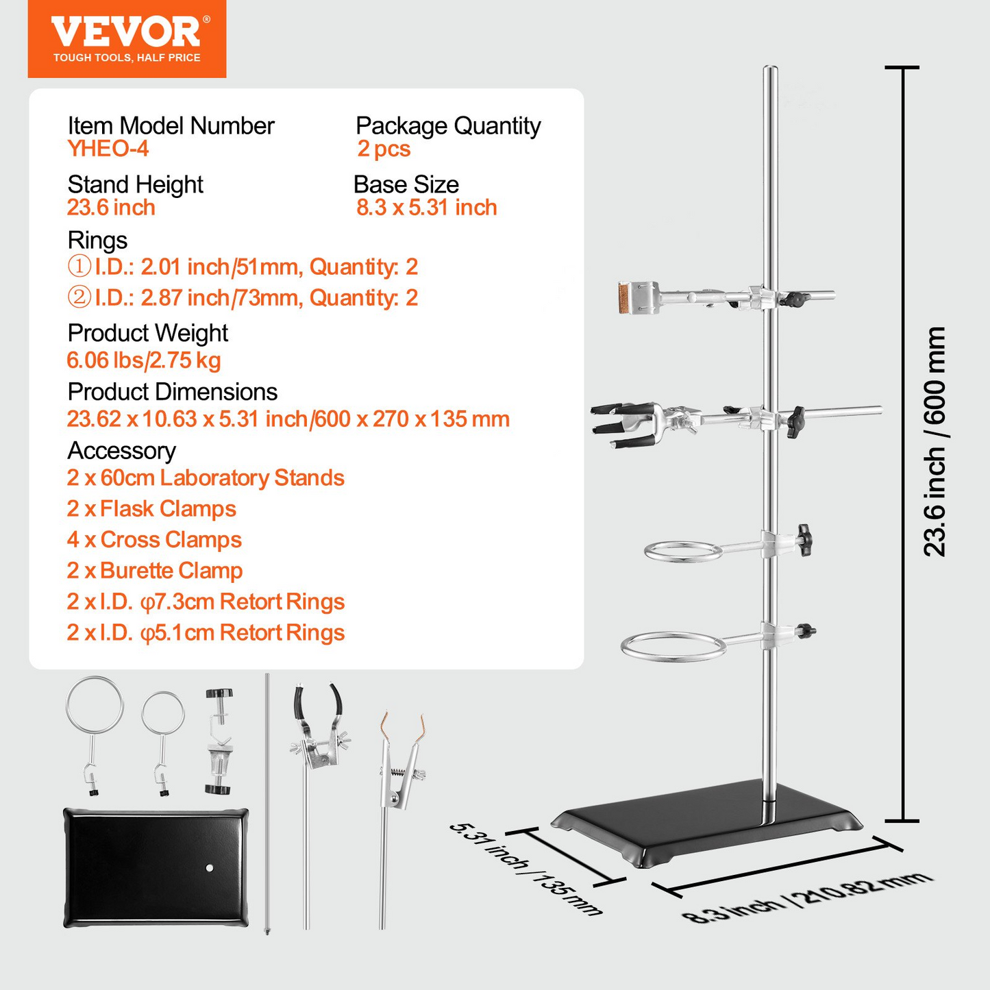 VEVOR Lab Stand Support, Laboratory Retort Support Stand 2 Sets, Steel Lab Stand 23.6" Rod and 8.3" x 5.5" Cast Iron Base, Includes Flask Clamps, Burette Clamps and Cross Clamps