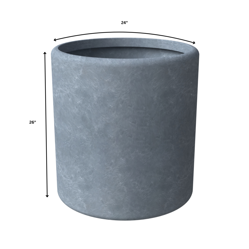 Poly Stone cylindrical Shape Planter in Aged Concrete 24" Dia, 26" High