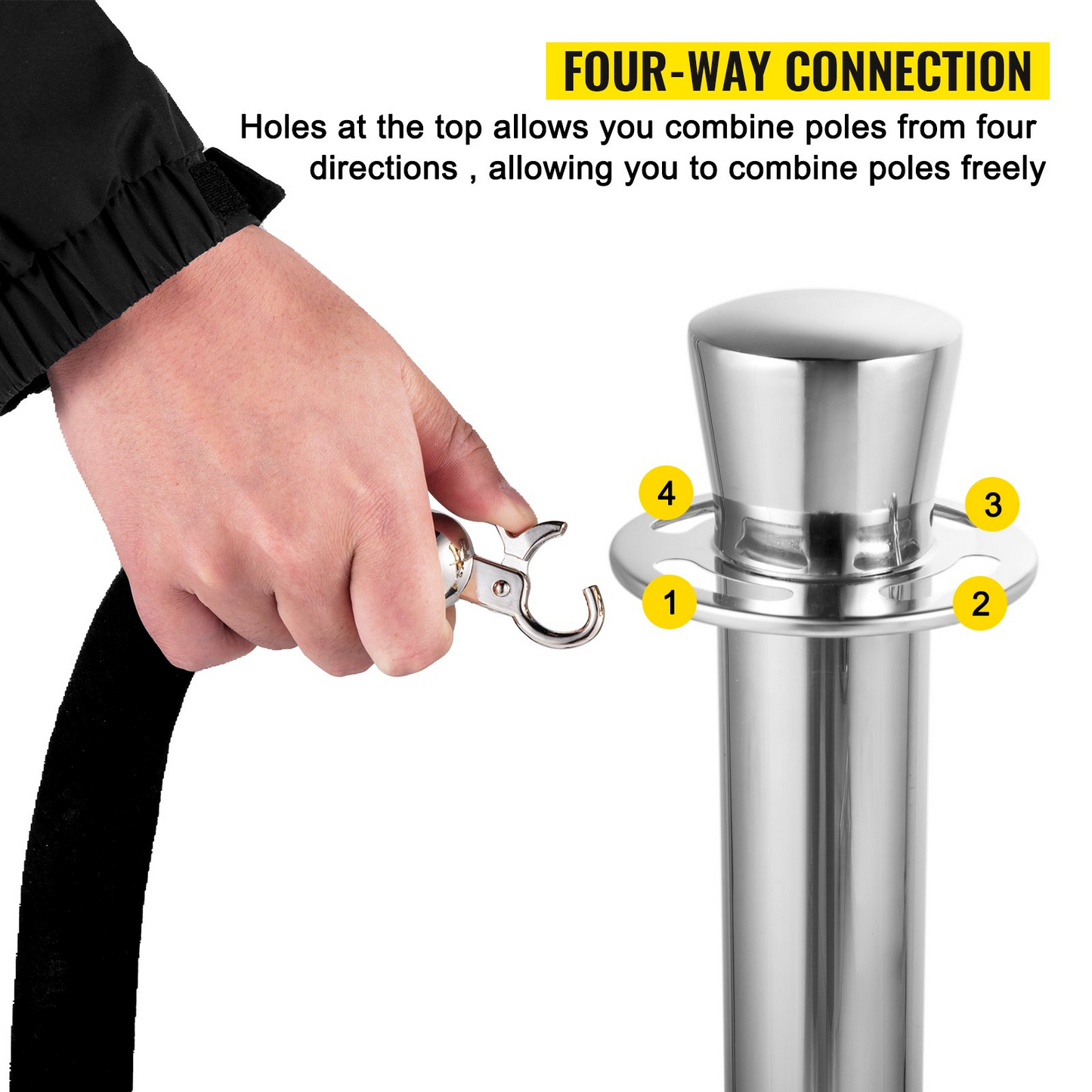 VEVOR Crowd Control Stanchion, Set of 2 Pieces Stanchion Set, Stanchion Set with 5 ft/1.5 m Black Velvet Rope, Silver Crowd Control Barrier w/Sturdy Concrete and Metal Base - Easy Connect Assembly