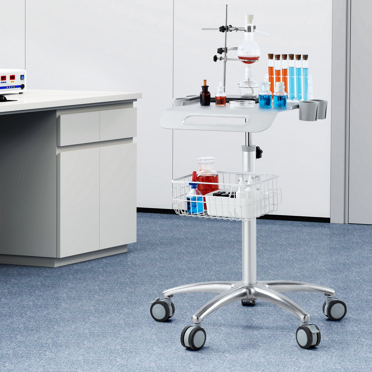 VEVOR Medical Cart, Salon Cart with Wheels, Mobile Trolley Cart 26.77"-42.91" Height Adjustable, Metal Salon Stations for Hair Stylist, Rolling Desktop Lab Cart for Clinic, Beauty and Salon