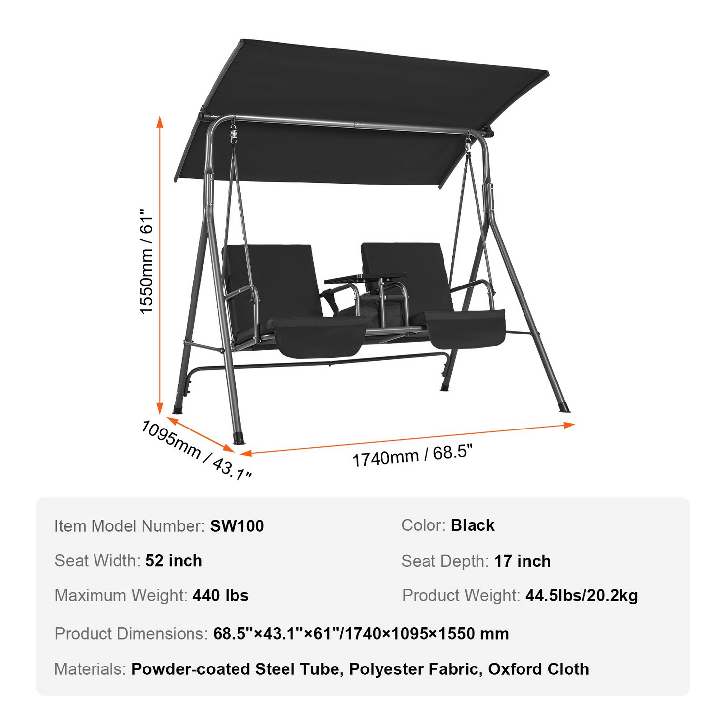 VEVOR 2-Seat Patio Swing Chair, Outdoor Patio Swing with Adjustable Canopy, Porch Swing with Storage Bag and Rotating Tray, Oxford Fabric and Alloy Steel Frame, for Balcony, Backyard, Poolside, Black