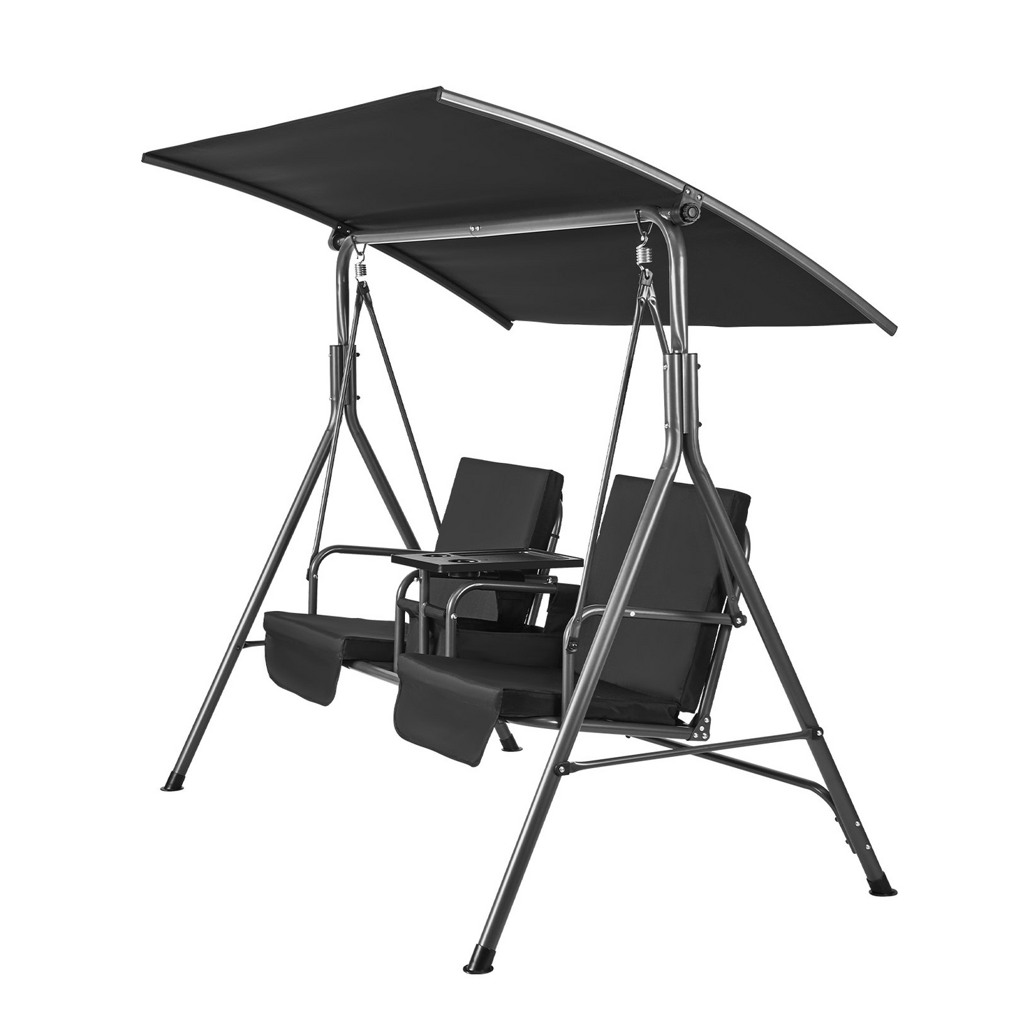 VEVOR 2-Seat Patio Swing Chair, Outdoor Patio Swing with Adjustable Canopy, Porch Swing with Storage Bag and Rotating Tray, Oxford Fabric and Alloy Steel Frame, for Balcony, Backyard, Poolside, Black