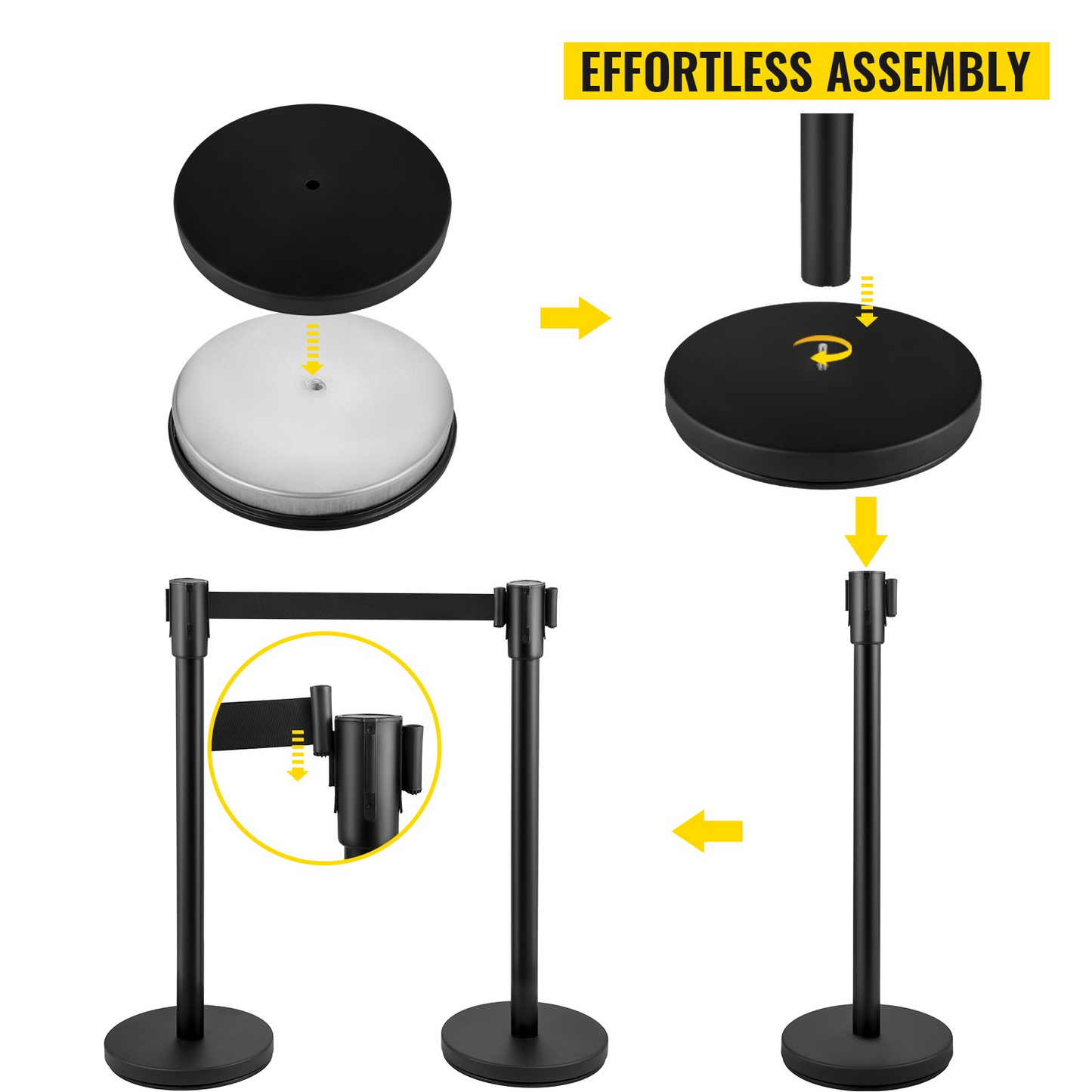 VEVOR Crowd Control Stanchion, Set of 8 Pieces Stanchion Set, Stanchion Set with 6.6 ft/2 m Black Retractable Belt, Black Crowd Control Barrier w/ Concrete and Metal Base – Easy Connect Assembly