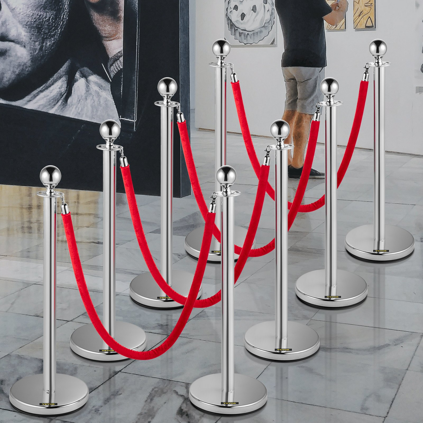 VEVOR Crowd Control Stanchion, Set of 8 Pieces Stanchion Set, Stanchion Set with 5 ft/1.5 m Red Velvet Rope, Silver Crowd Control Barrier w/ Sturdy Concrete and Metal Base – Easy Connect Assembly