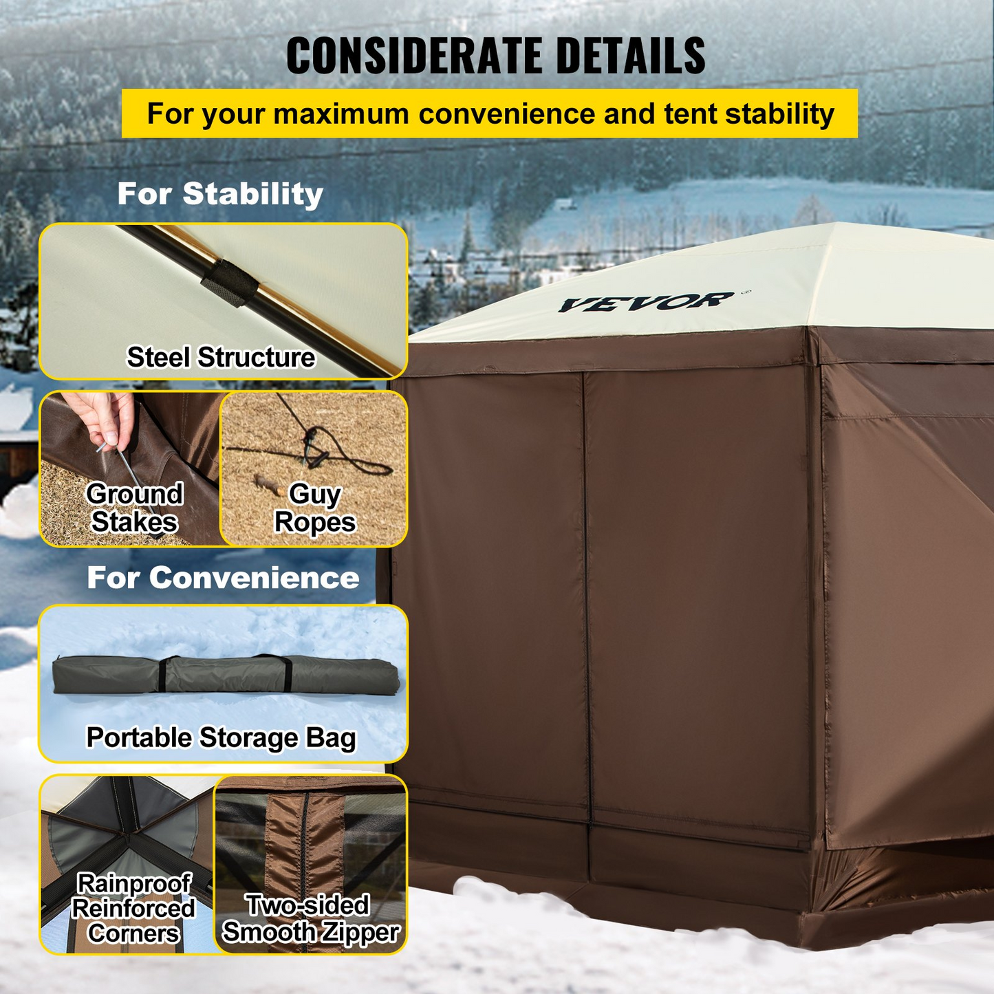 VEVOR Camping Gazebo Tent, 10'x10', 6 Sided Pop-up Canopy Screen Tent for 8 Person Camping, Waterproof Screen Shelter w/Portable Storage Bag, Ground Stakes, Mesh Windows, Brown & Beige