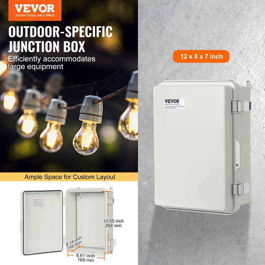 VEVOR Outdoor Electrical Junction Box, 11.81 x 7.87 x 7.08 in, ABS Plastic Electrical Enclosure Box with Hinged Cover Stainless Steel Latch, IP67 Dustproof Waterproof for Outdoor Electrical Projects