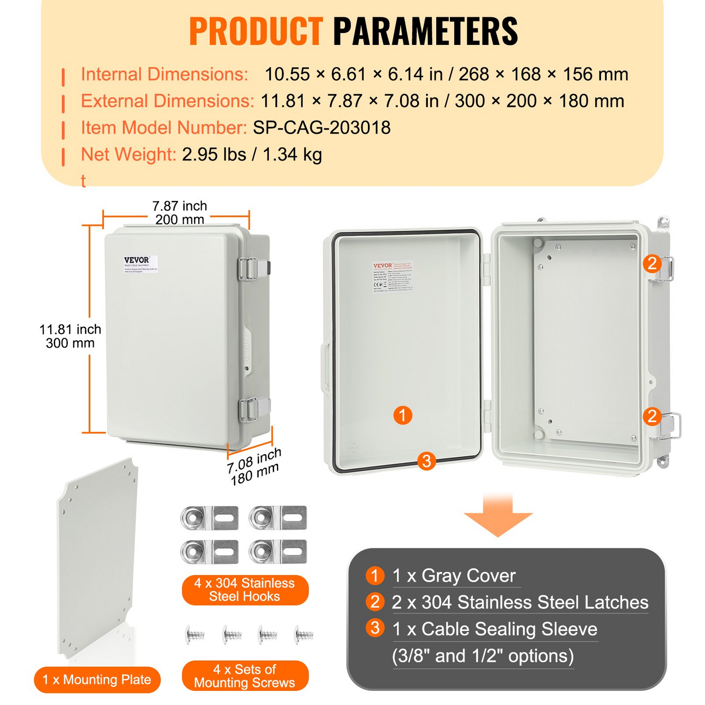 VEVOR Outdoor Electrical Junction Box, 11.81 x 7.87 x 7.08 in, ABS Plastic Electrical Enclosure Box with Hinged Cover Stainless Steel Latch, IP67 Dustproof Waterproof for Outdoor Electrical Projects