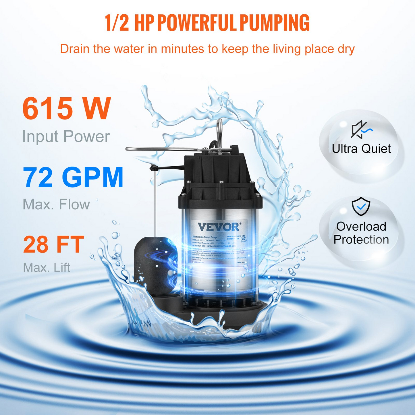 VEVOR Submersible Sump Pump Water Pump 1/2 HP 4320GPH Cast Iron Steel Basement