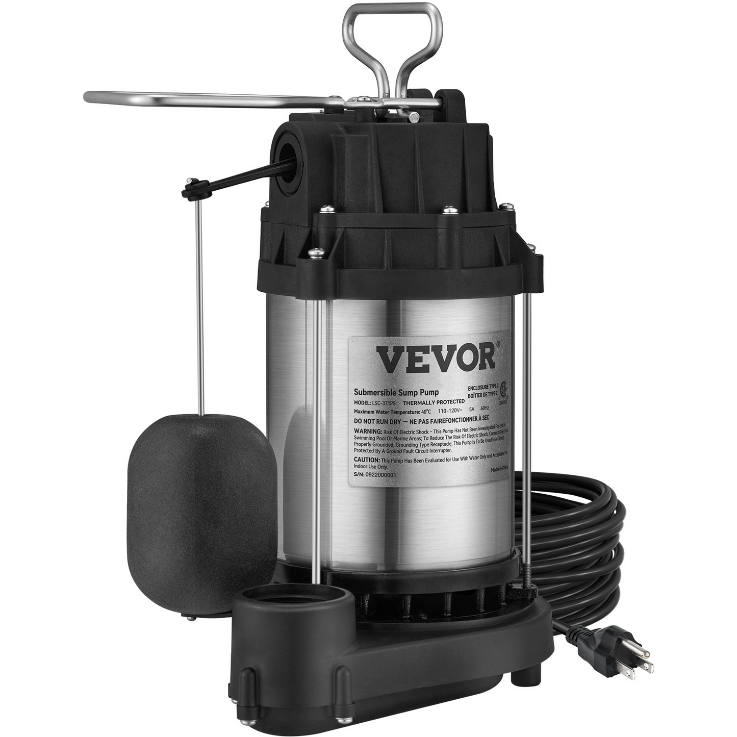 VEVOR Submersible Sump Pump Water Pump 1/2 HP 4320GPH Cast Iron Steel Basement