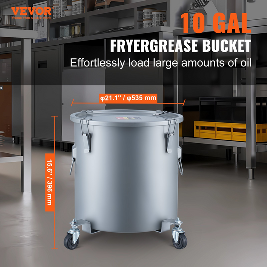 VEVOR Fryer Grease Bucket, 10 Gal Oil Disposal Caddy with Caster Base, Carbon Steel Rust-Proof Coating, Oil Transport Container with Lid, Lock Clips, Filter Bag for Hot Cooking Oil Filtering, Gray