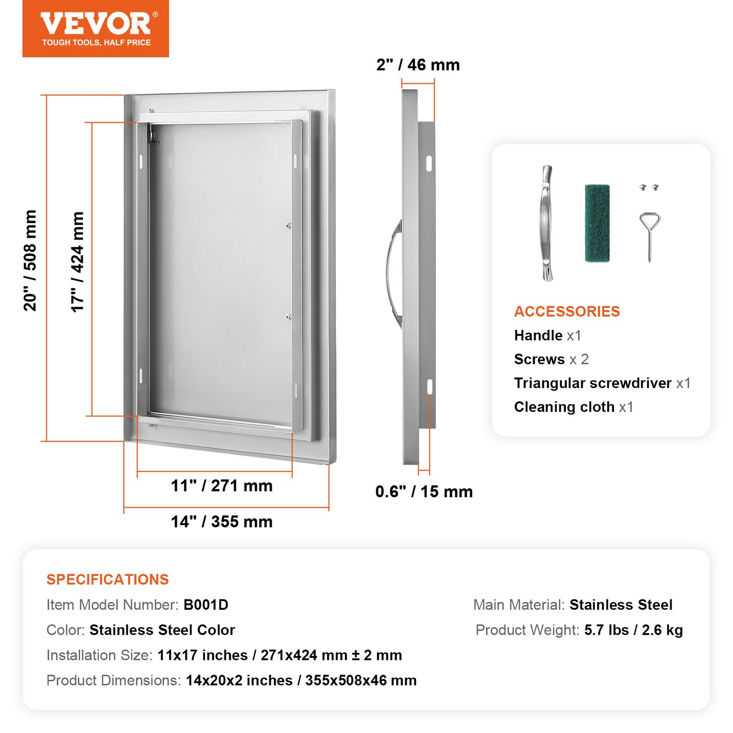 VEVOR BBQ Access Door, 14W x 20H Inch Single Outdoor Kitchen Door, Stainless Steel Flush Mount Door, Wall Vertical Door with Handle, for BBQ Island, Grilling Station, Outside Cabinet