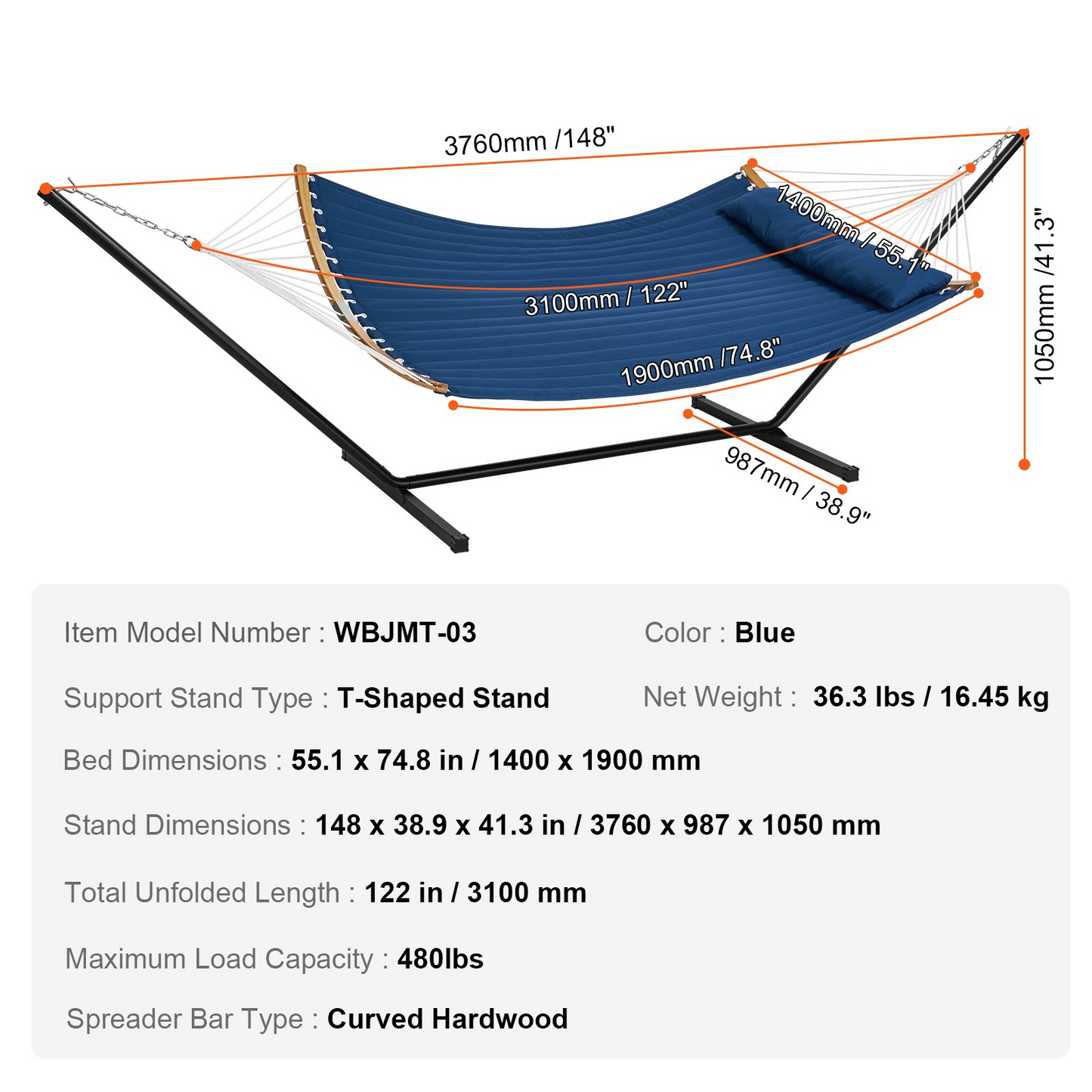 VEVOR Two Person Hammock with Stand Included, Double Hammock with Curved Spreader Bar and Detachable Pillow and Portable Carrying Bag, Perfect for Outdoor Freestanding Hammock, 480lb Capacity