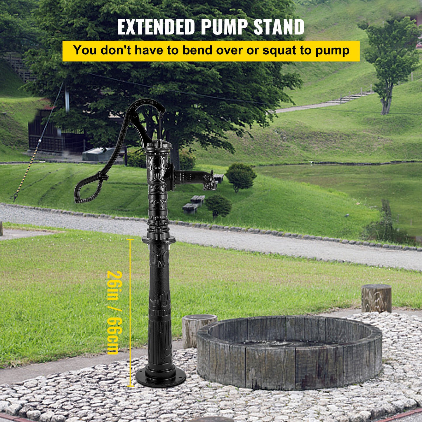 VEVOR Hand Water Pump w/ Stand 15.7 x 9.4 x 53.1 inch Pitcher Pump & 26 inch Pump Stand w/ Pre-set 1/2" Holes for Easy Installation Rustic Cast Iron Well Pump for Yard Garden Farm Irrigation Black