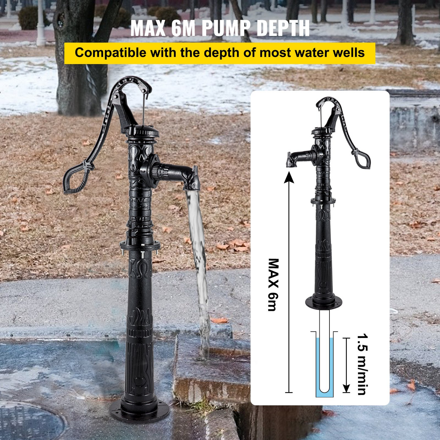 VEVOR Hand Water Pump w/ Stand 15.7 x 9.4 x 53.1 inch Pitcher Pump & 26 inch Pump Stand w/ Pre-set 1/2" Holes for Easy Installation Rustic Cast Iron Well Pump for Yard Garden Farm Irrigation Black