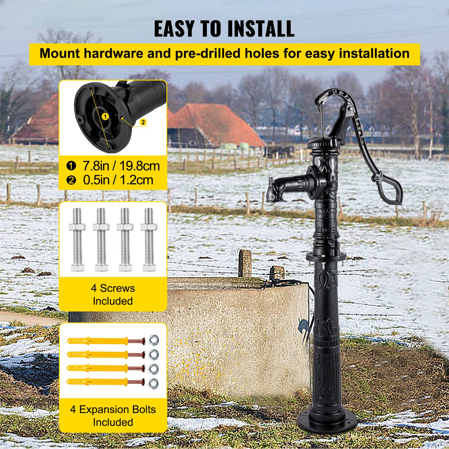 VEVOR Hand Water Pump w/ Stand 15.7 x 9.4 x 53.1 inch Pitcher Pump & 26 inch Pump Stand w/ Pre-set 1/2" Holes for Easy Installation Rustic Cast Iron Well Pump for Yard Garden Farm Irrigation Black