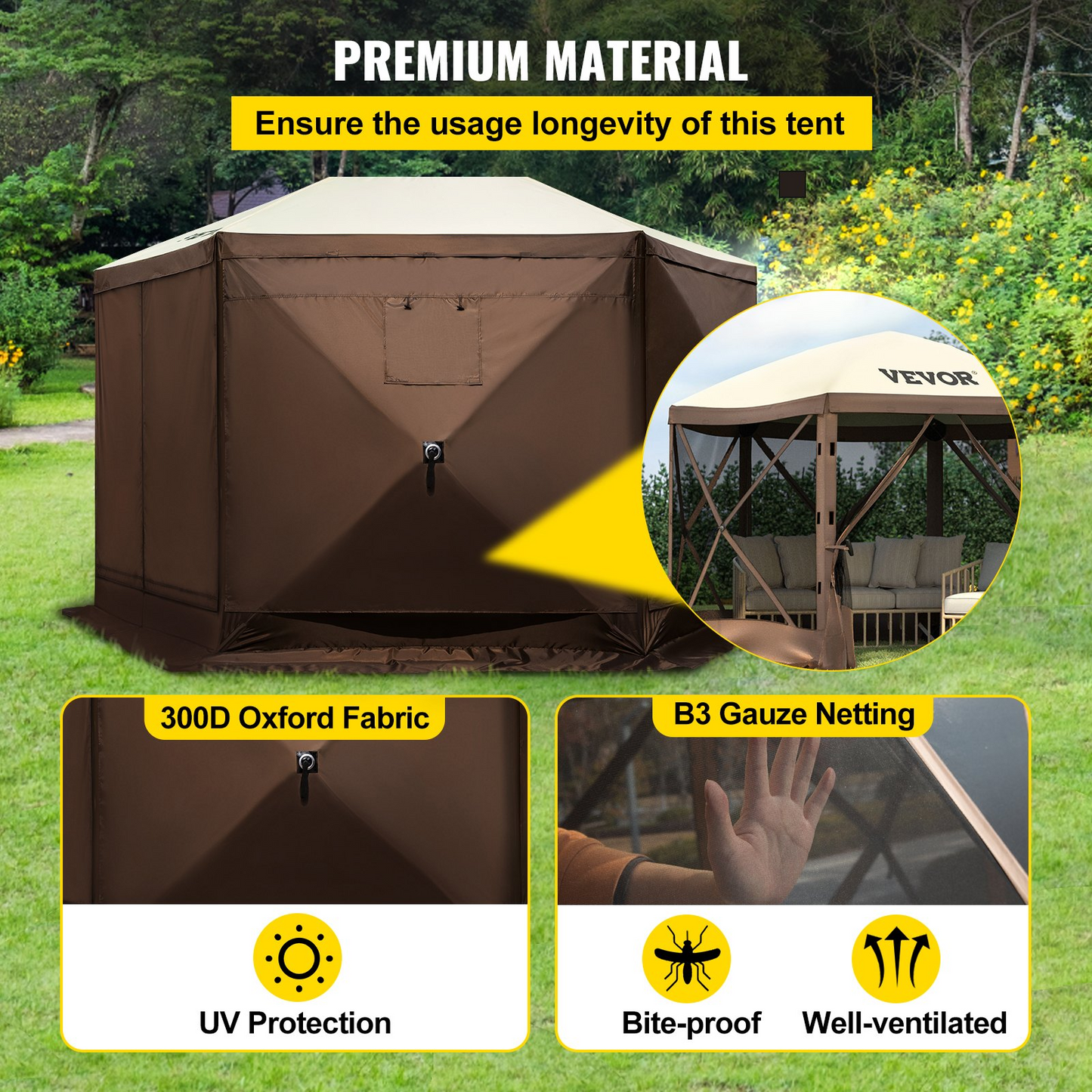 VEVOR Camping Gazebo Tent, 10'x10', 6 Sided Pop-up Canopy Screen Tent for 8 Person Camping, Waterproof Screen Shelter w/Portable Storage Bag, Ground Stakes, Mesh Windows, Brown & Beige