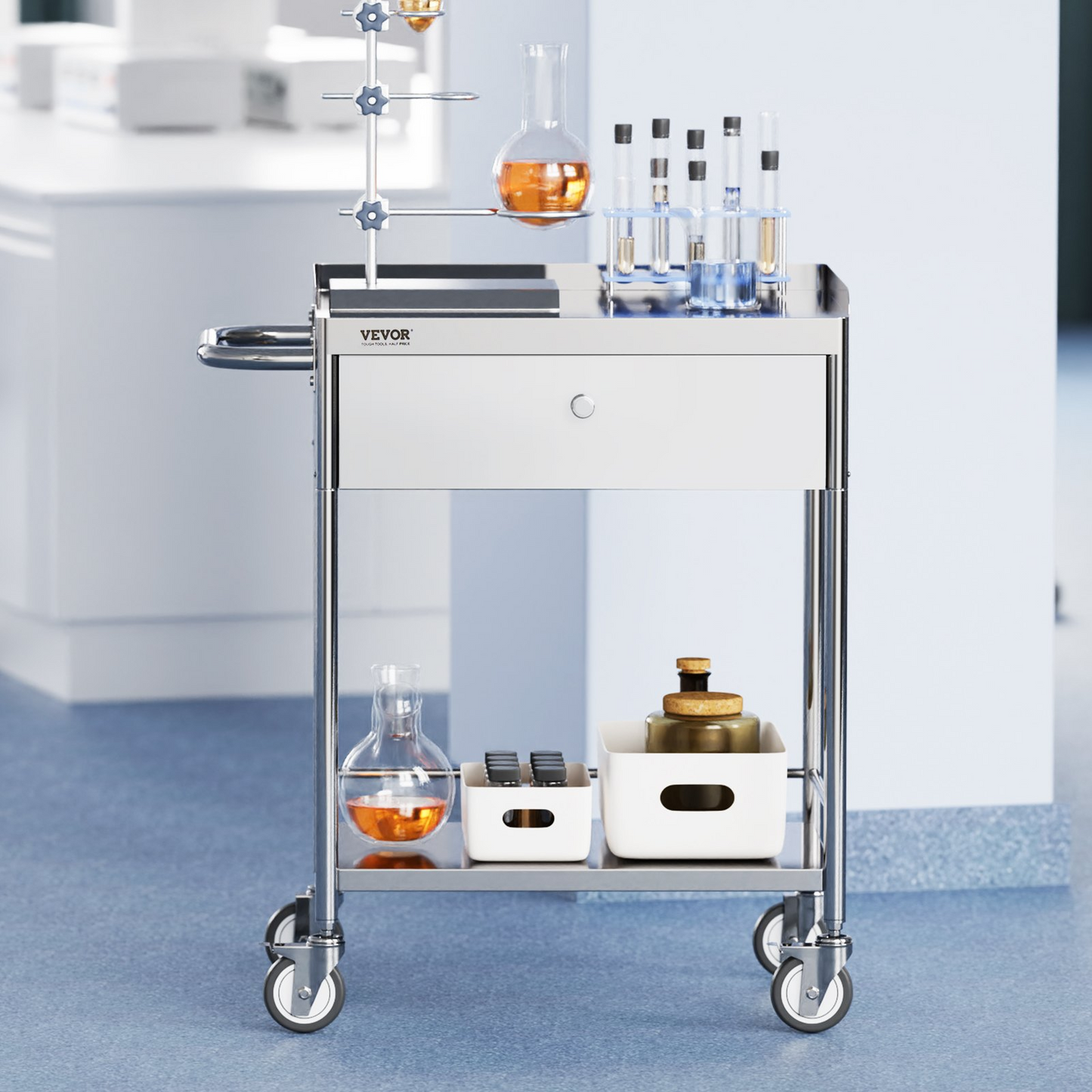 VEVOR Medical Cart, 2-Layer Stainless Steel Cart 220 lbs Weight Capacity, Lab Utility Cart with 360° Silent Wheels and a Drawer for Lab, Clinic, Kitchen, Salon