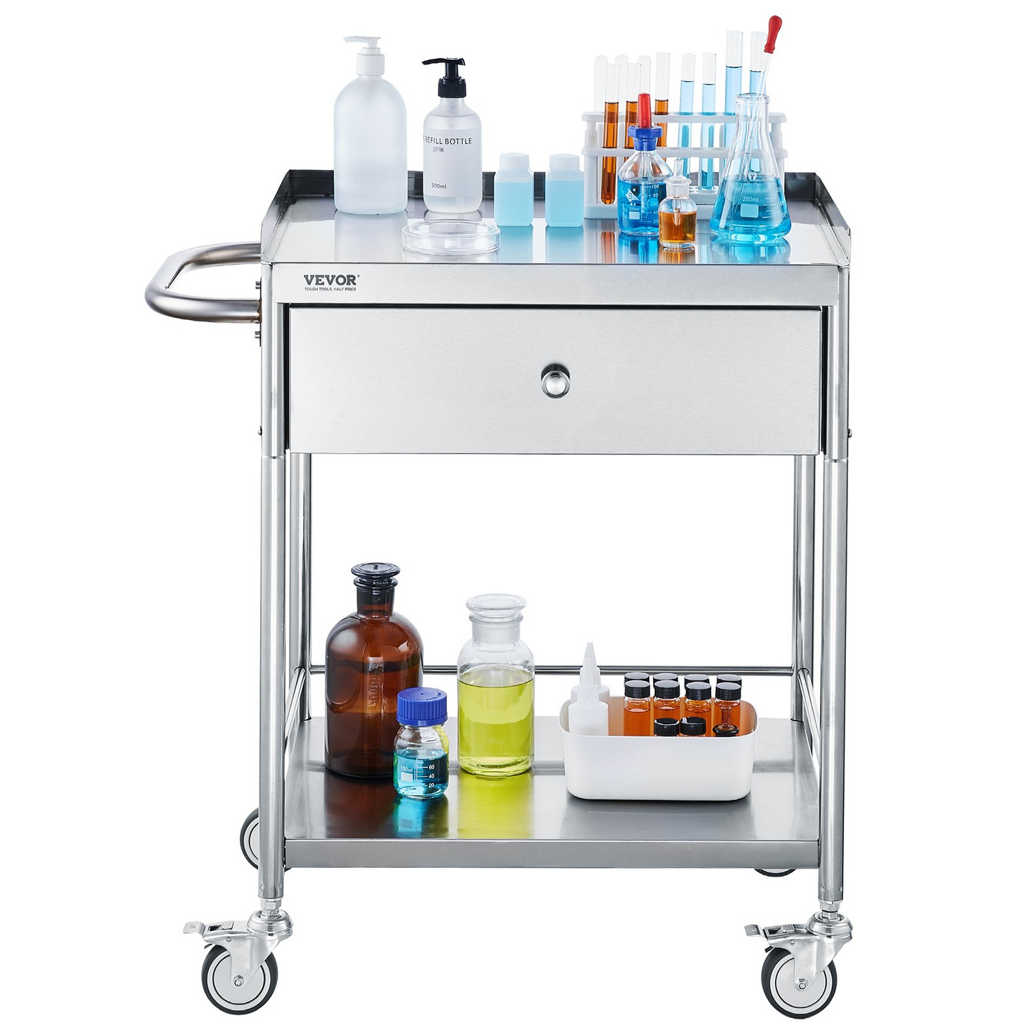 VEVOR Medical Cart, 2-Layer Stainless Steel Cart 220 lbs Weight Capacity, Lab Utility Cart with 360° Silent Wheels and a Drawer for Lab, Clinic, Kitchen, Salon