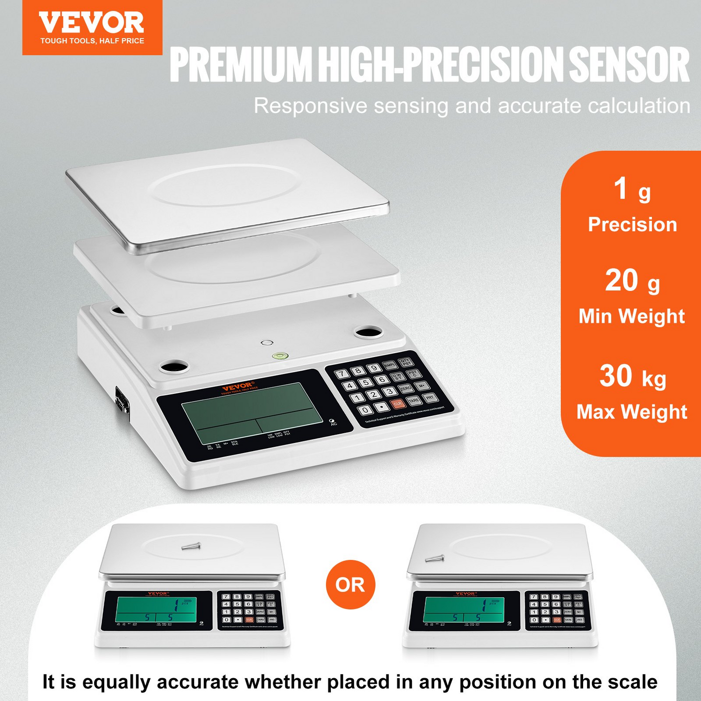 VEVOR Industrial Counting Scale, 30 kg x 1 g, Digital Scale for Parts and Coins, g/kg/lb Units, Electronic Gram Scale Inventory Counting Scale Kitchen Jewelry Scale with RS232 Port and LCD Screen