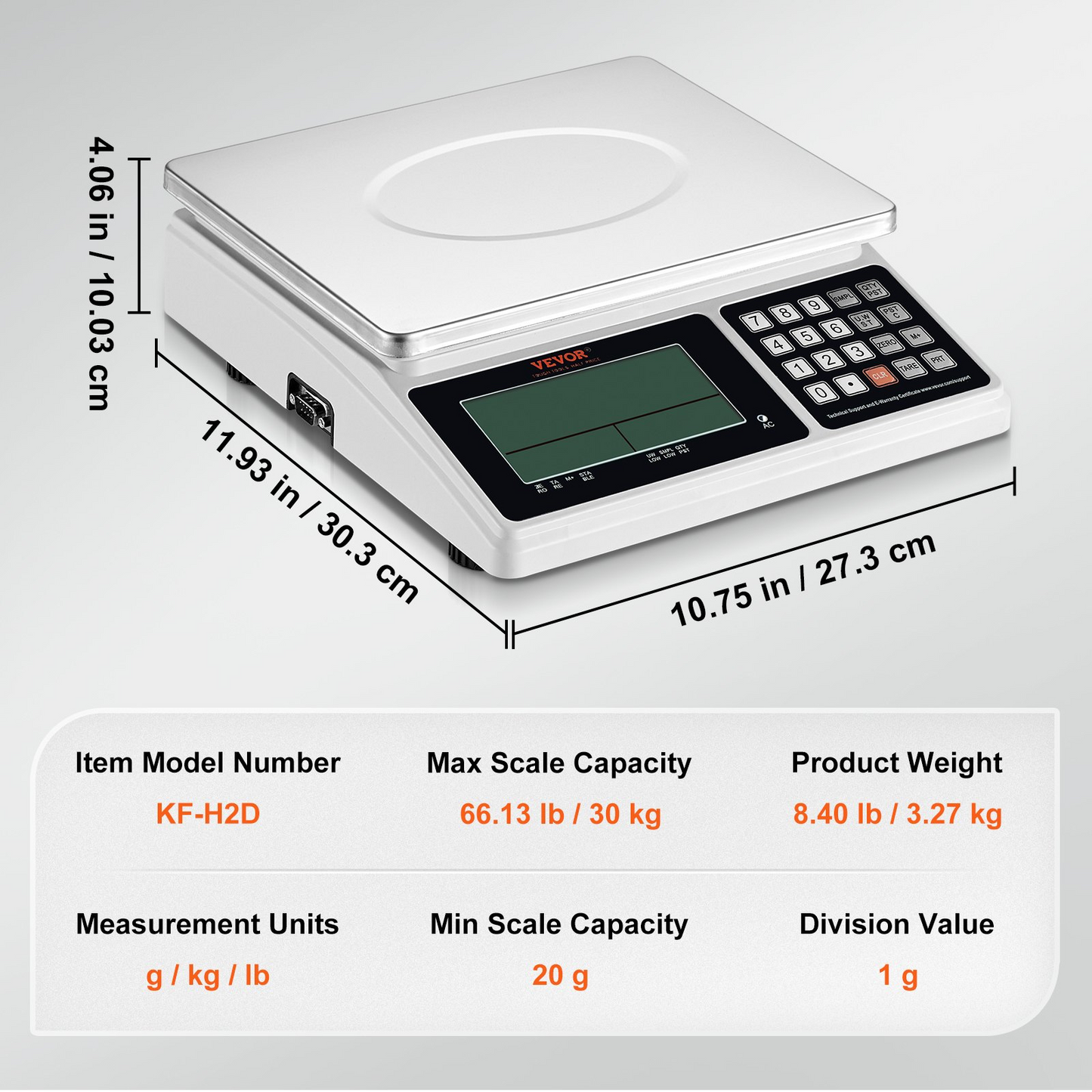 VEVOR Industrial Counting Scale, 30 kg x 1 g, Digital Scale for Parts and Coins, g/kg/lb Units, Electronic Gram Scale Inventory Counting Scale Kitchen Jewelry Scale with RS232 Port and LCD Screen