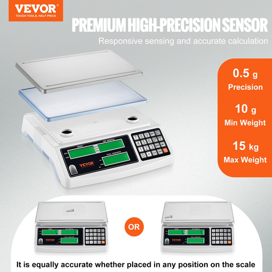 VEVOR Industrial Counting Scale, 15 kg x 0.5 g, Digital Scale for Parts and Coins, g/kg/lb Units, Electronic Gram Scale Inventory Counting Scale Kitchen Jewelry Scale with RS232 Port and 3 LCD Screens