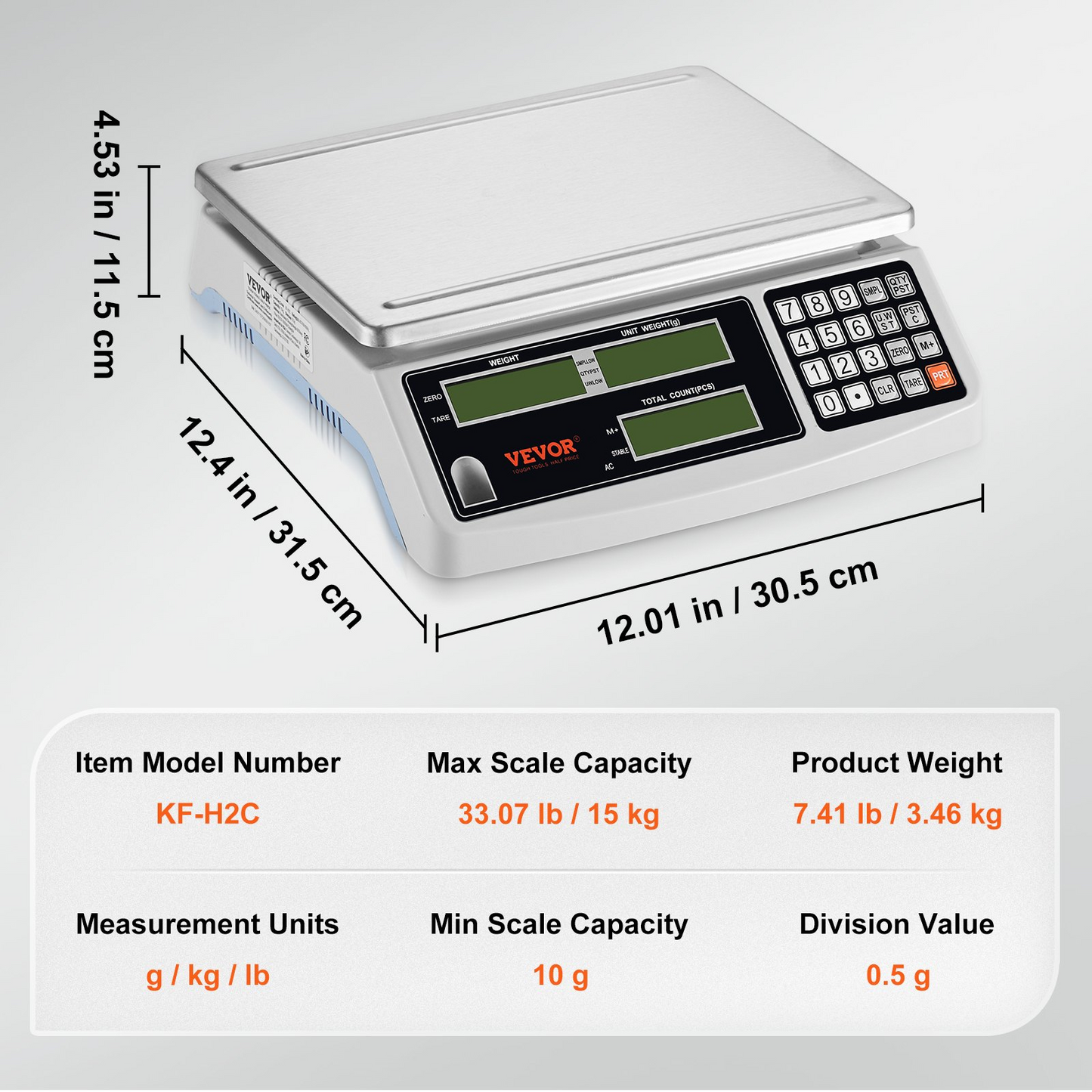 VEVOR Industrial Counting Scale, 15 kg x 0.5 g, Digital Scale for Parts and Coins, g/kg/lb Units, Electronic Gram Scale Inventory Counting Scale Kitchen Jewelry Scale with RS232 Port and 3 LCD Screens