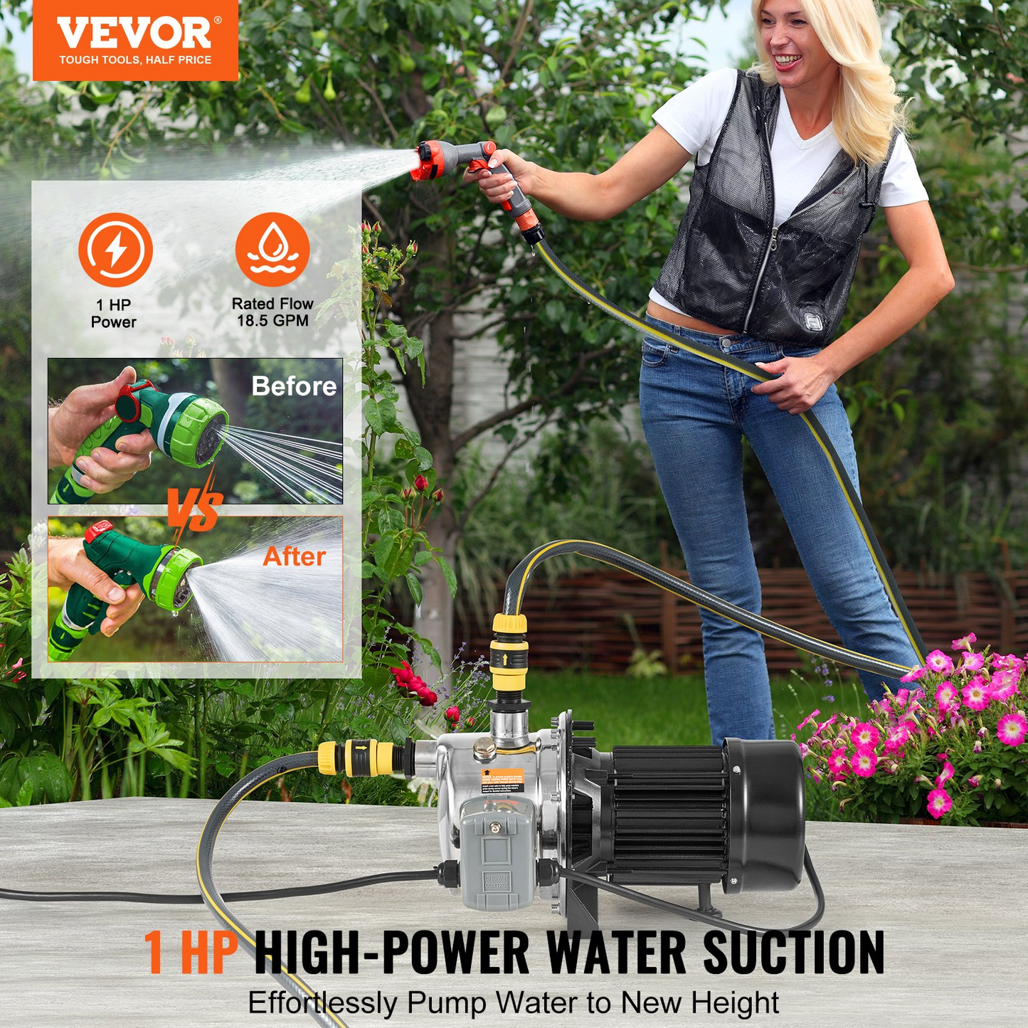 VEVOR 1HP SUS304 Stainless Steel Shallow Well Jet Pump, 115 Volt, 18.5 GPM 147.6 FT Maximum Head Irrigation Water Pump, for Agricultural Garden Irrigation System High-Rise Water Supply Shower Booster