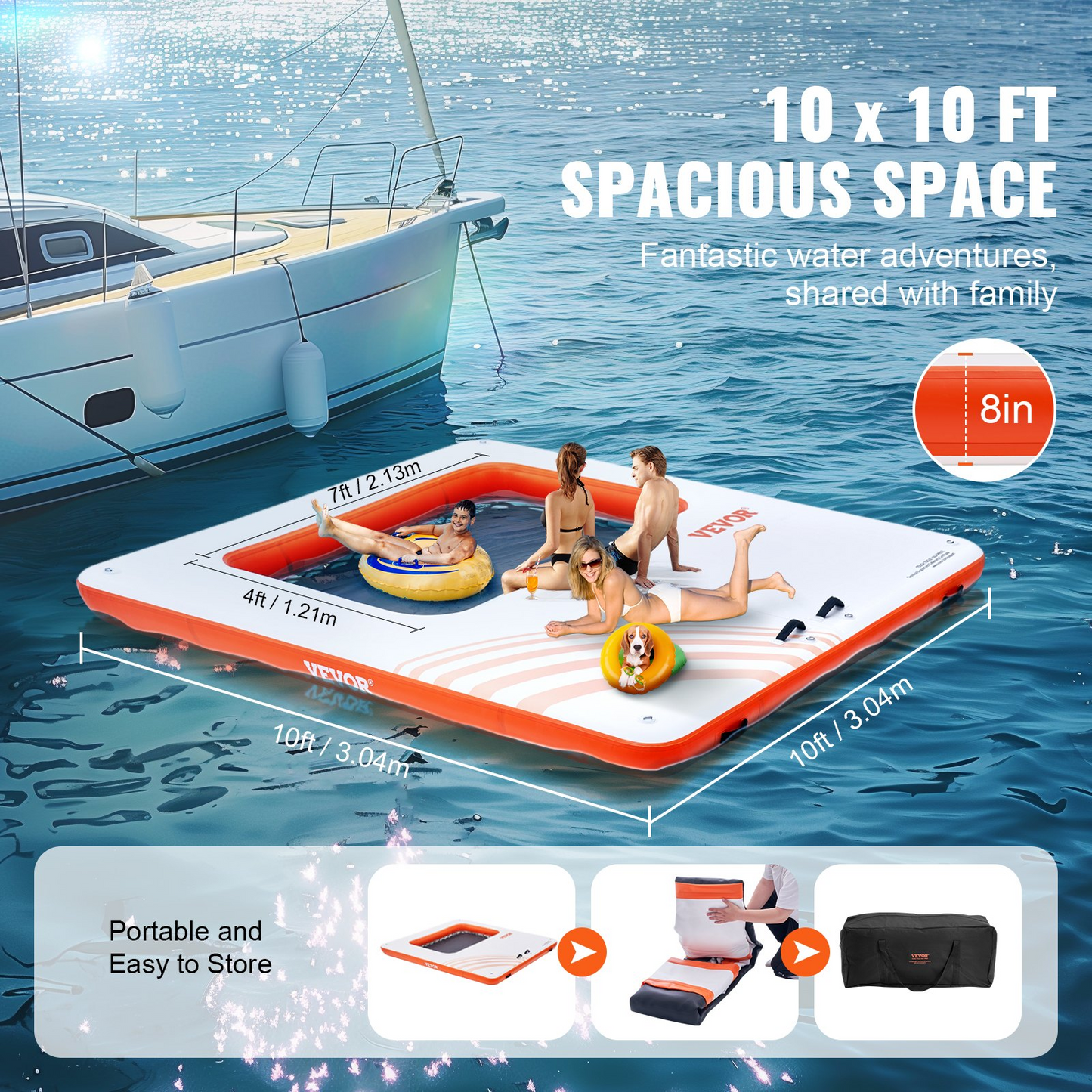 VEVOR Inflatable Floating Dock, 10x10FT Inflatable Dock Platform with 4*7FT Trampoline Mesh Pool, Non-Slip Floating Platform Water Mat with Portable Bag & Detachable Ladder for Pool Beach Relaxation