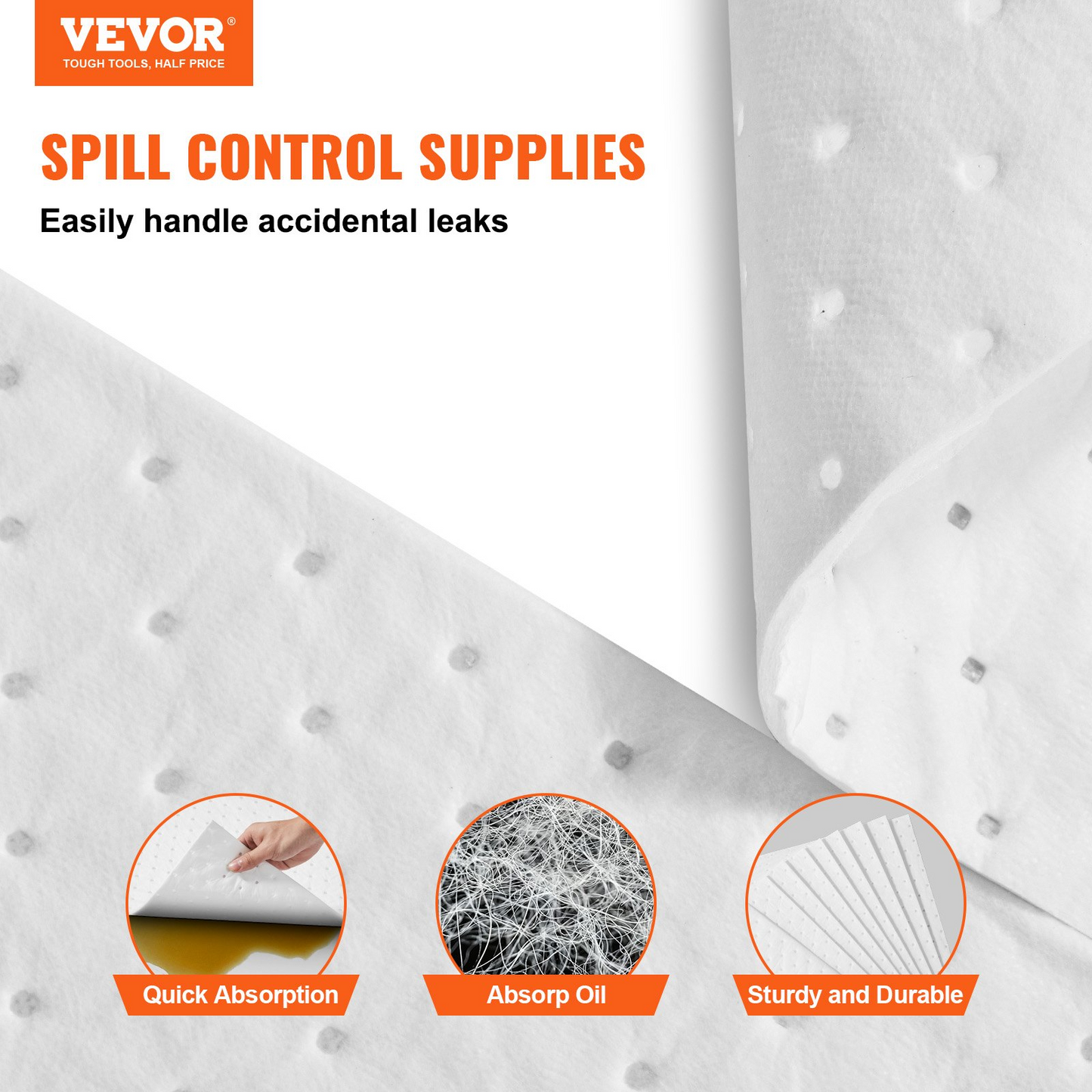 VEVOR Spill Absorbent Pads, Oil Absorbing Mat Absorbs up 20 Gal, 15" L x20" W Polypropylene Absorbent Pad for Oil Only, Oil Spill Mats Pack of 100